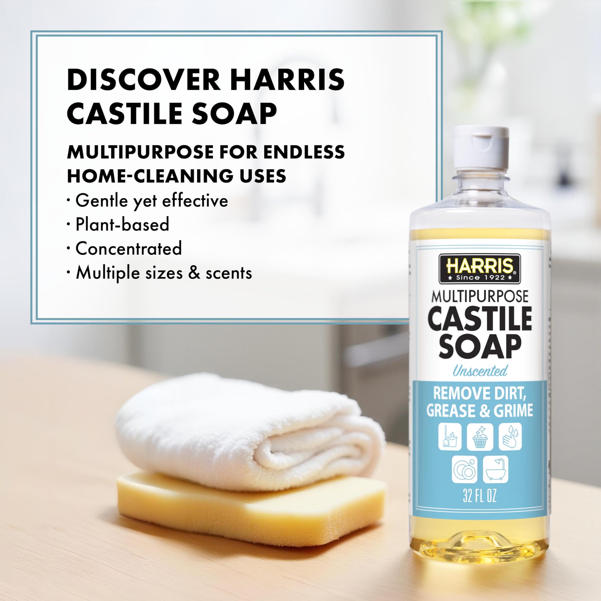 HARRIS Multi-Purpose Pure Liquid Castile Soap for Home Cleaning, Multi-Purpose Cleaner, For Dish Soap, Laundry Detergent, Kitchen and Bathroom
