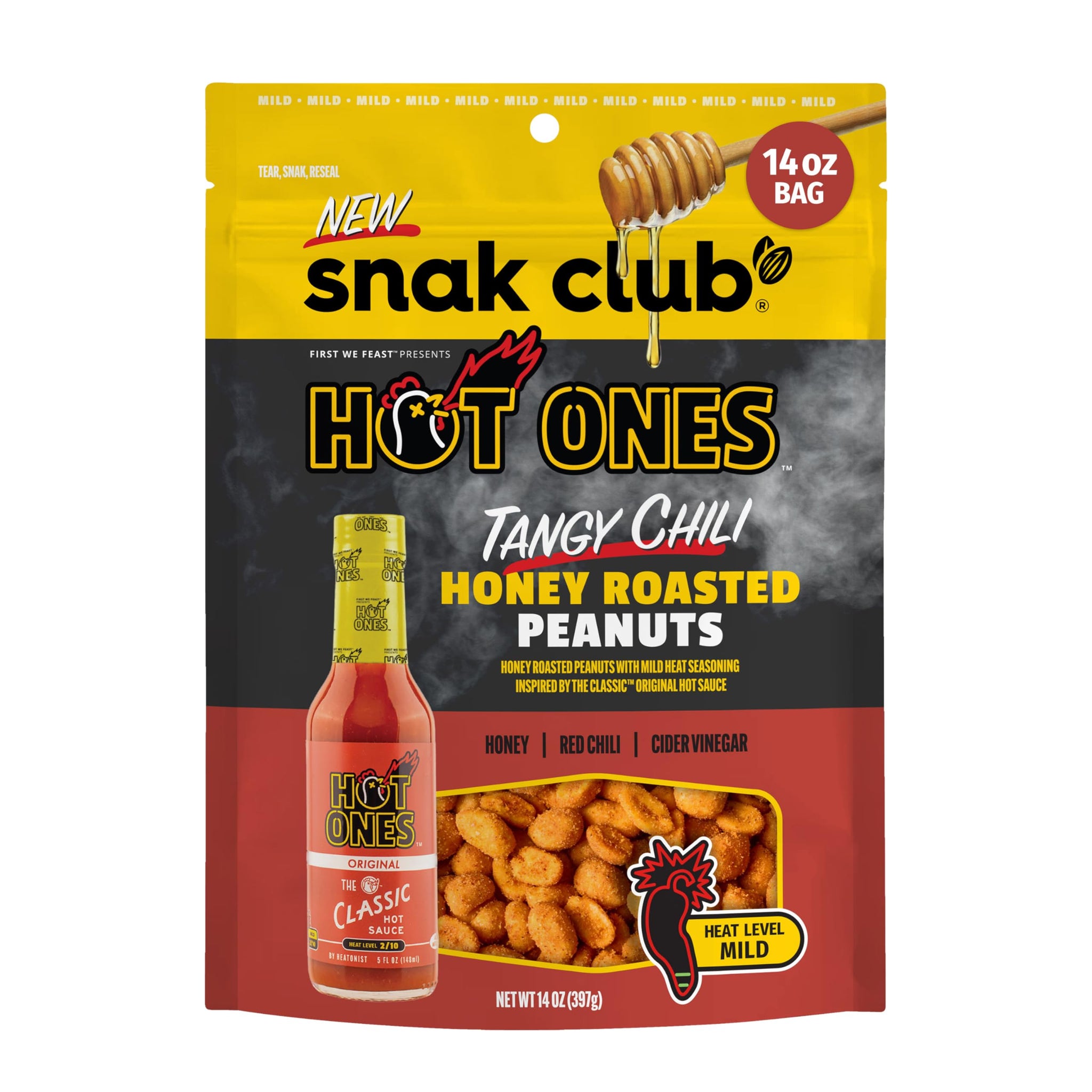 Snak Club x Hot Ones Honey Roasted Peanuts, Tangy Chili, Spicy Nuts, Inspired by Hot Ones, Vegan Snack, 14 oz Resealable Bag