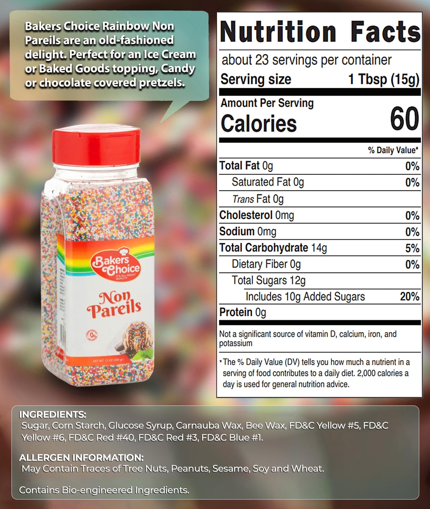 Bakers Choice Rainbow NonPareils, Cake and Toppings Non Pareil Sprinkles Gluten Free - Dairy Free - Kosher - 12 Ounce.