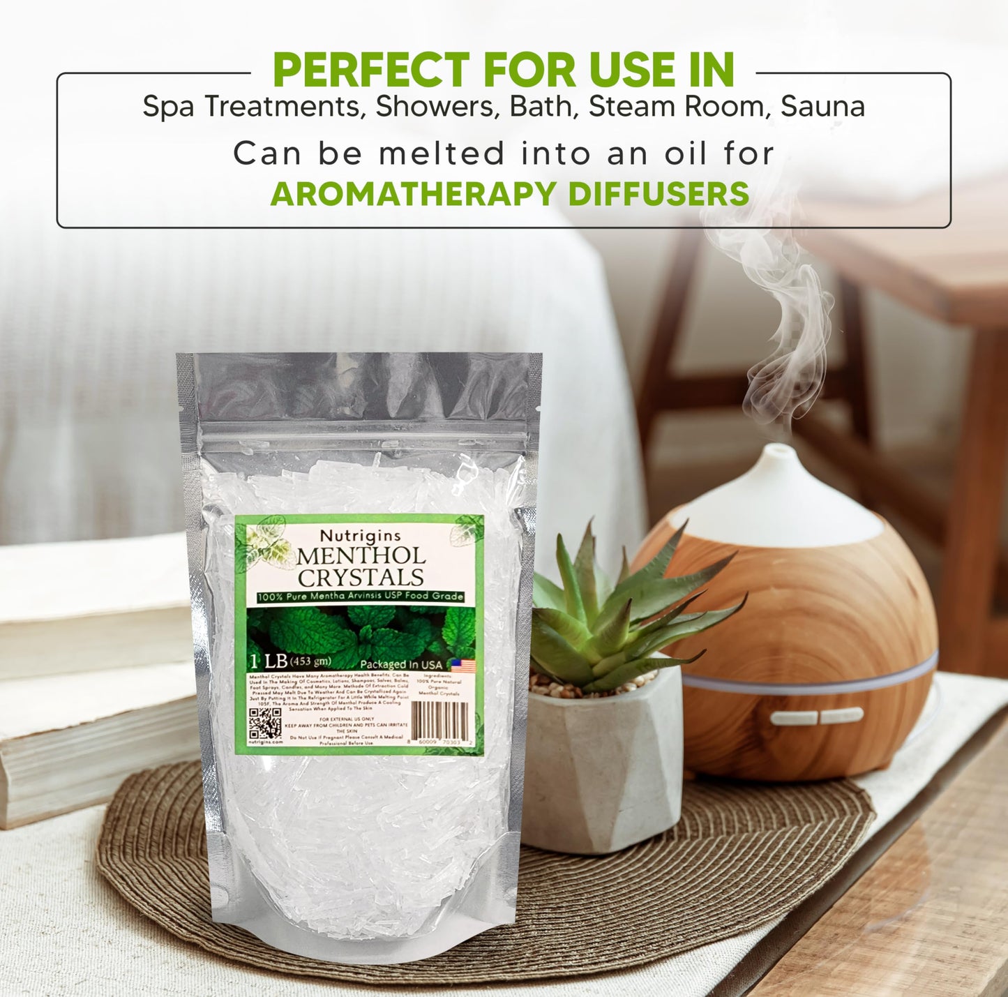 Nutrigins Menthol Crystal 1 LB - Pure Organic 100% Natural - Menthol Crystals from Mint Crystal Mints Mentha Arvensis - Comes in Resealable Standup