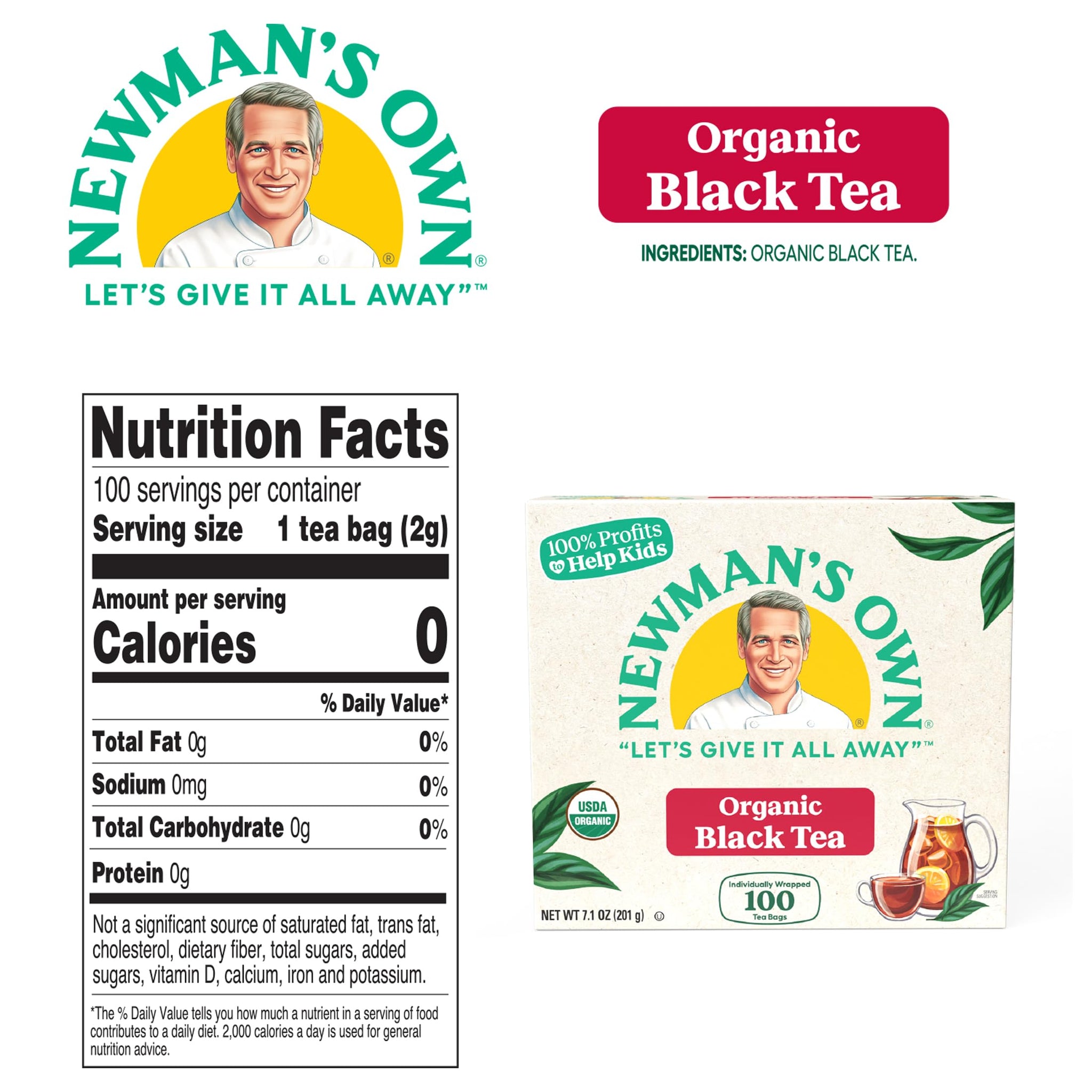 Newman's Own Organic Black Tea Strong Robust Black Tea with 100 Tea Bags Per Box (Pack of 2) USDA Certified Contains Caffeine Brew Hot/Cold