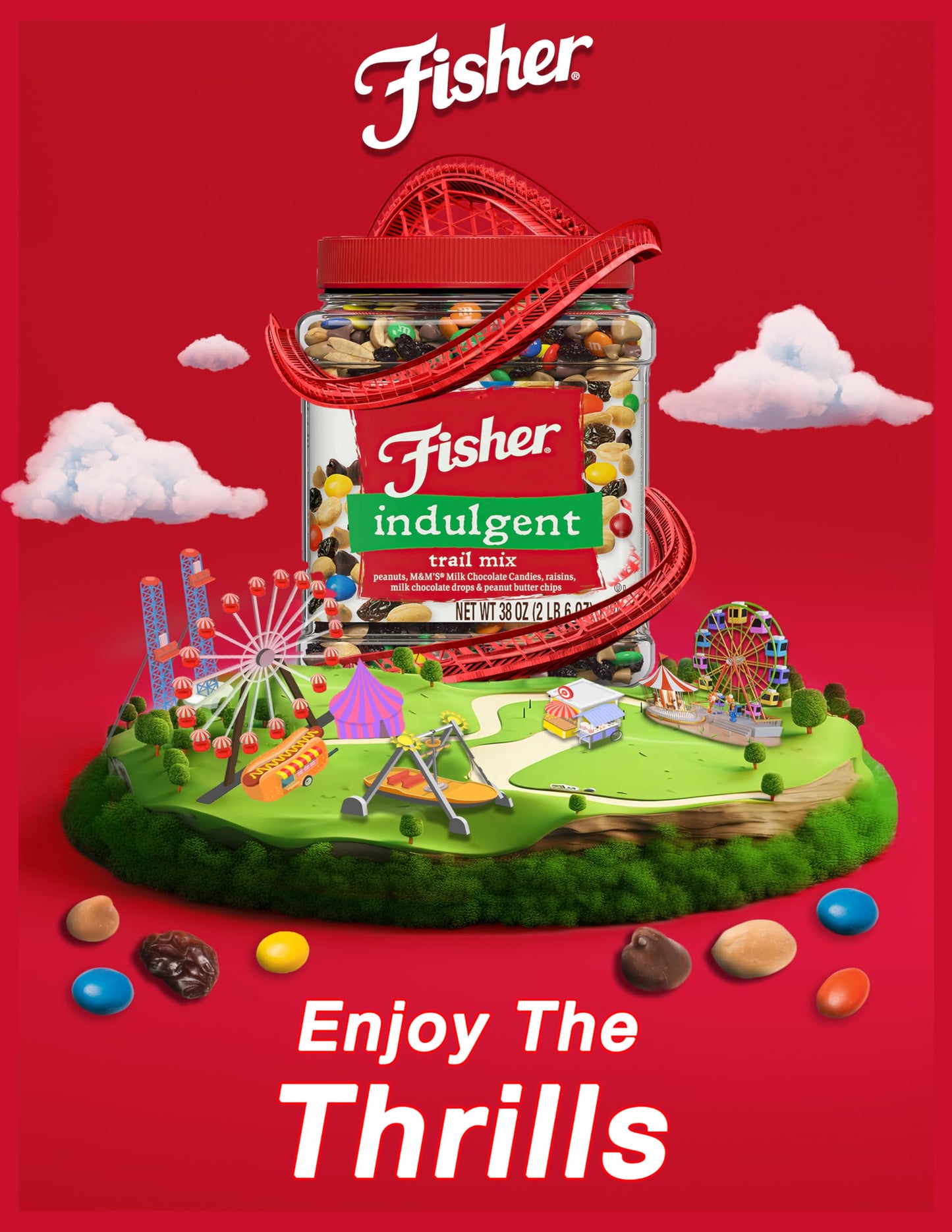 Fisher Snack Indulgent Bulk Trail Mix, 38 oz (Pack of 1), Peanuts, Milk Chocolate Candies, Raisins, Milk Chocolate and Peanut Butter Chips, Snacks