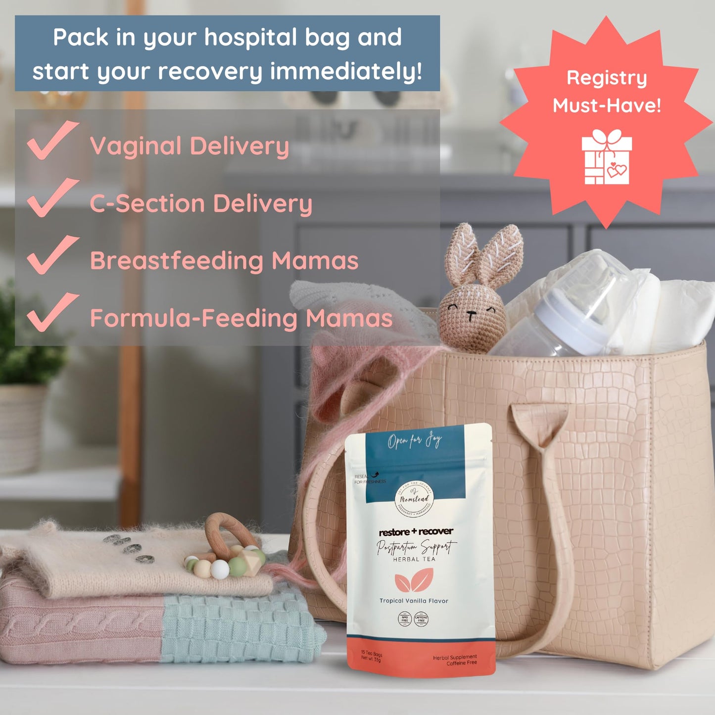 Momstead Restore and Recover Postpartum Support Herbal Tea | Tropical Vanilla Flavor | Nursing Friendly | Postpartum Recovery