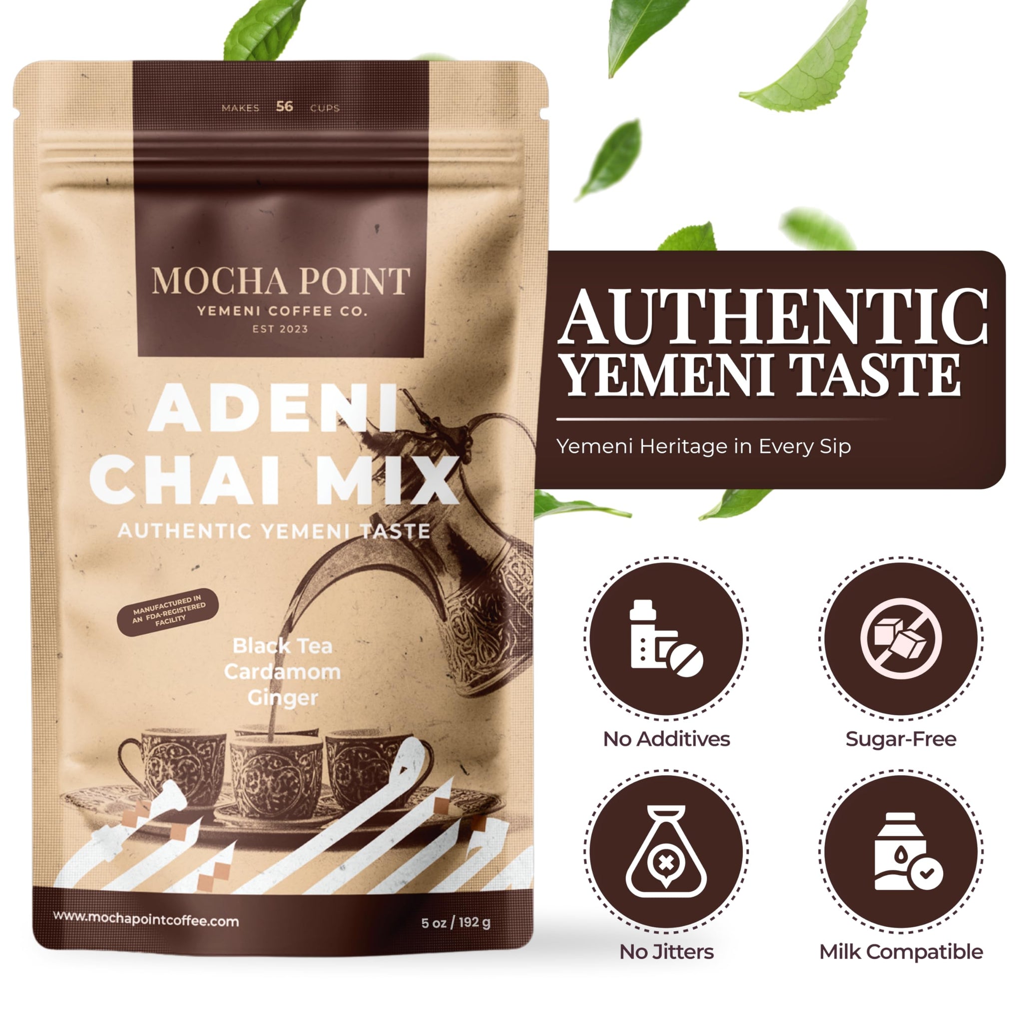 Mocha Point Adeni Chai Mix - Natural Black Tea with Ginger & Cardamom - Authentic Yemeni Taste Chai Tea Blend - Sugar-Free & Caffeinated - Enjoy Hot