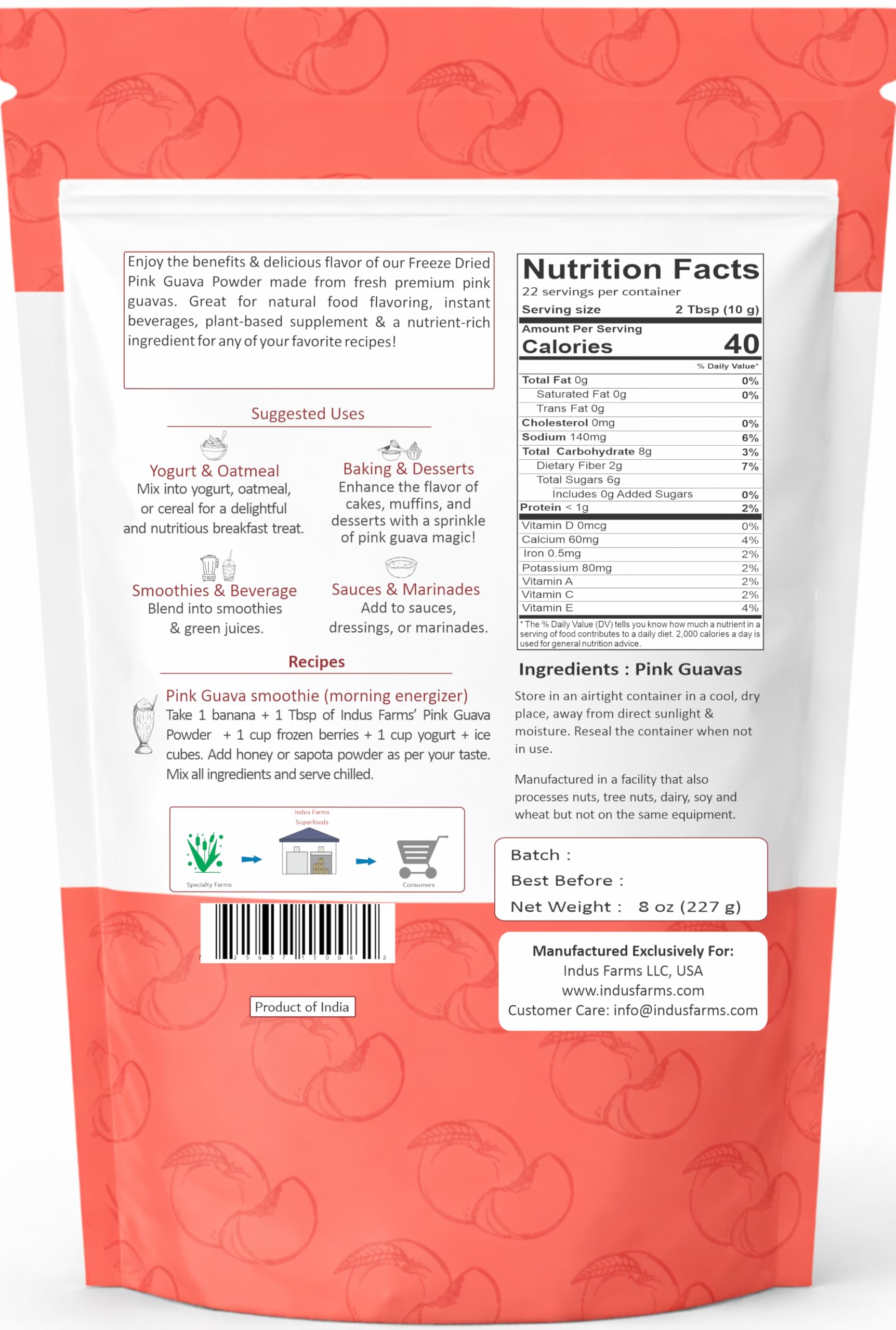 Indus Farms Freeze Dried Pink Guava Powder, Unsweetened Tropical Fruit for Smoothies, Yogurt, Baking & Ice Cream, Single Ingredient, No Added Sugar