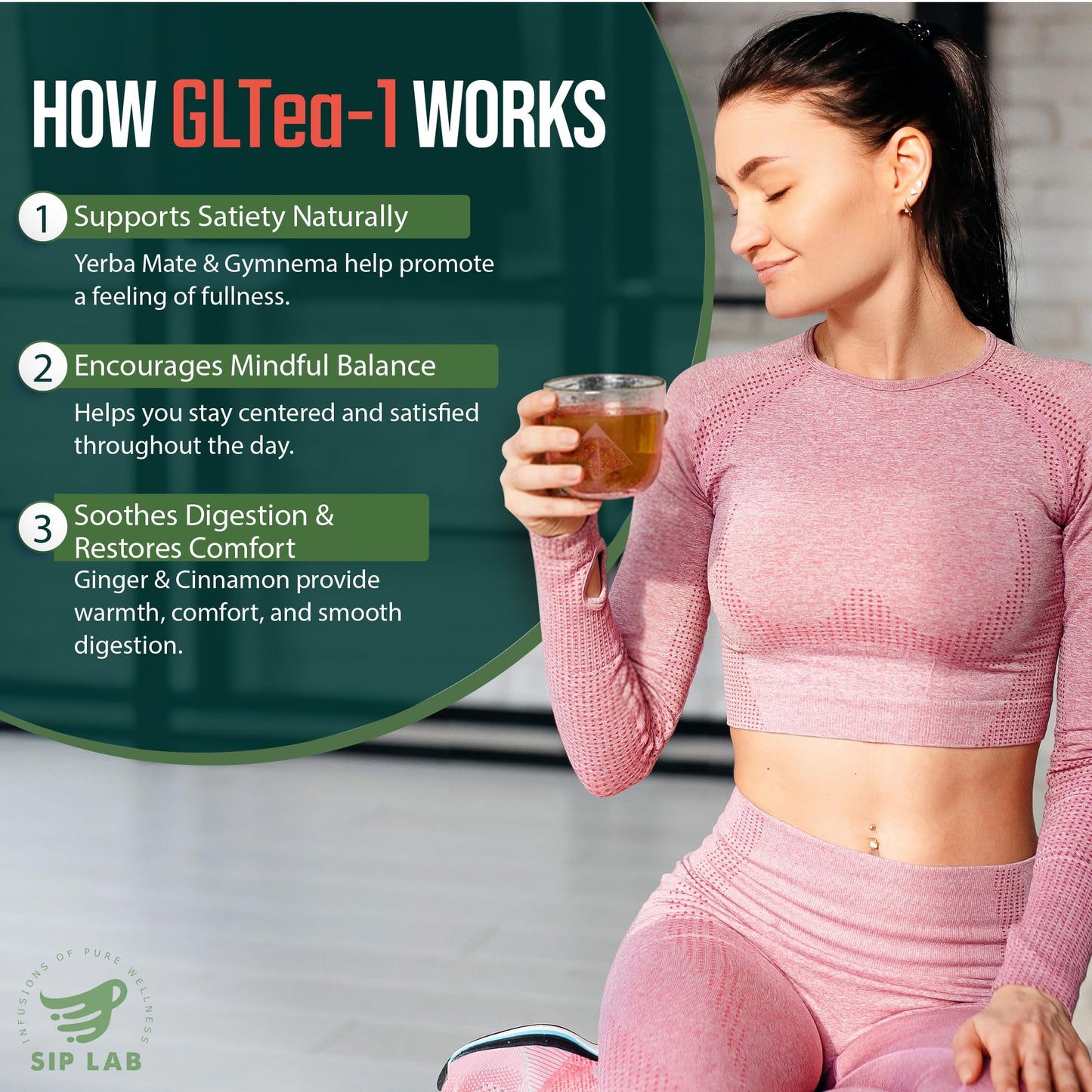 Sip Lab GLTea-1 Yerba Mate Tea Bags | 8 Botanical Blend with Gymnema, Ginger, Cinnamon, Hibiscus | Natural Energy, No Coffee Crash | Premium Pyramid