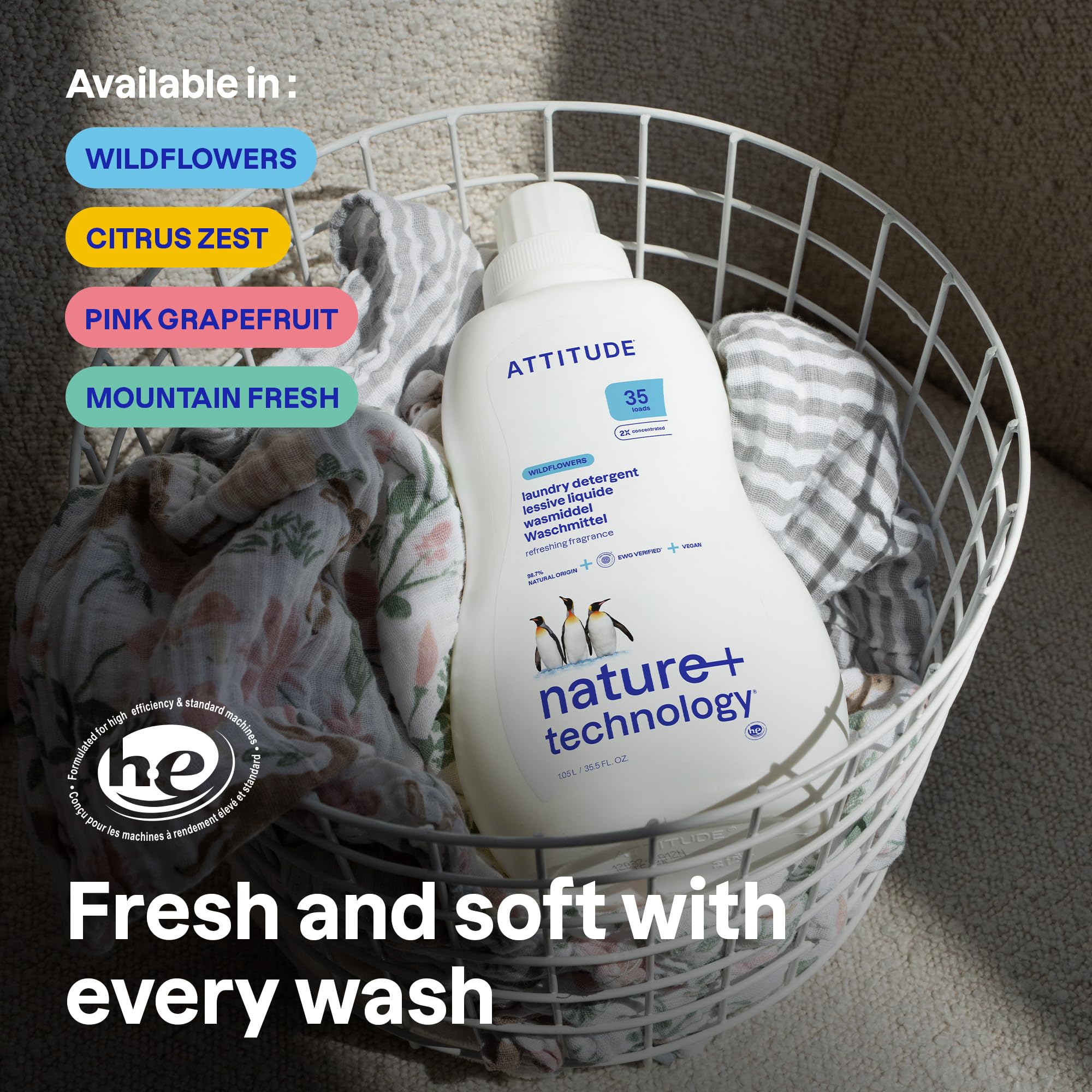 ATTITUDE Liquid Laundry Detergent, EWG Verified, HE Compatible, Plant-Based & Vegan, Natural Laundry Soap, Pink Grapefruit Scent, 35 Loads, 35.5 Fl Oz