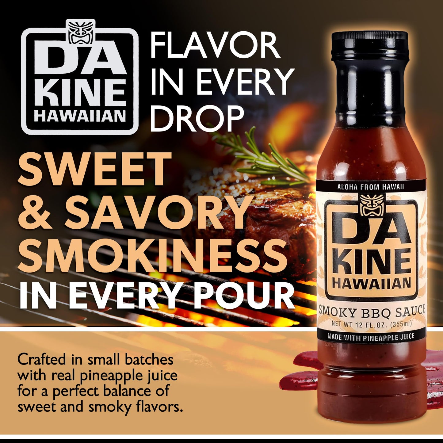 Da Kine Hawaiian Smoky BBQ Sauce - Sweet & Smoky Island Flavor - Made with Pineapple Juice - Gourmet Barbecue Sauce for Grilling, Marinades, Dipping