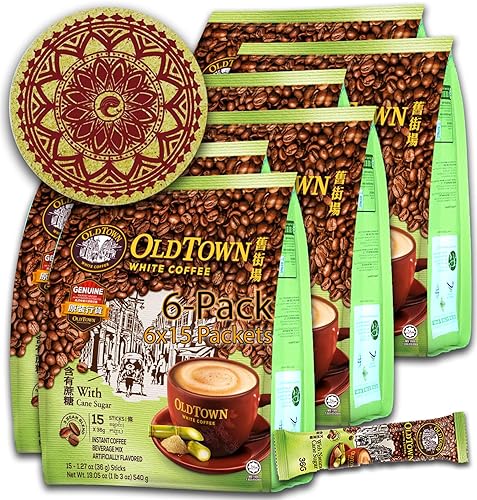6-Pack (Cane Sugar) OLDTOWN White Coffee 3 in 1 Asian Instant Coffee Package with a Cork Coaster, old town White Coffee 90 Packets with a Random