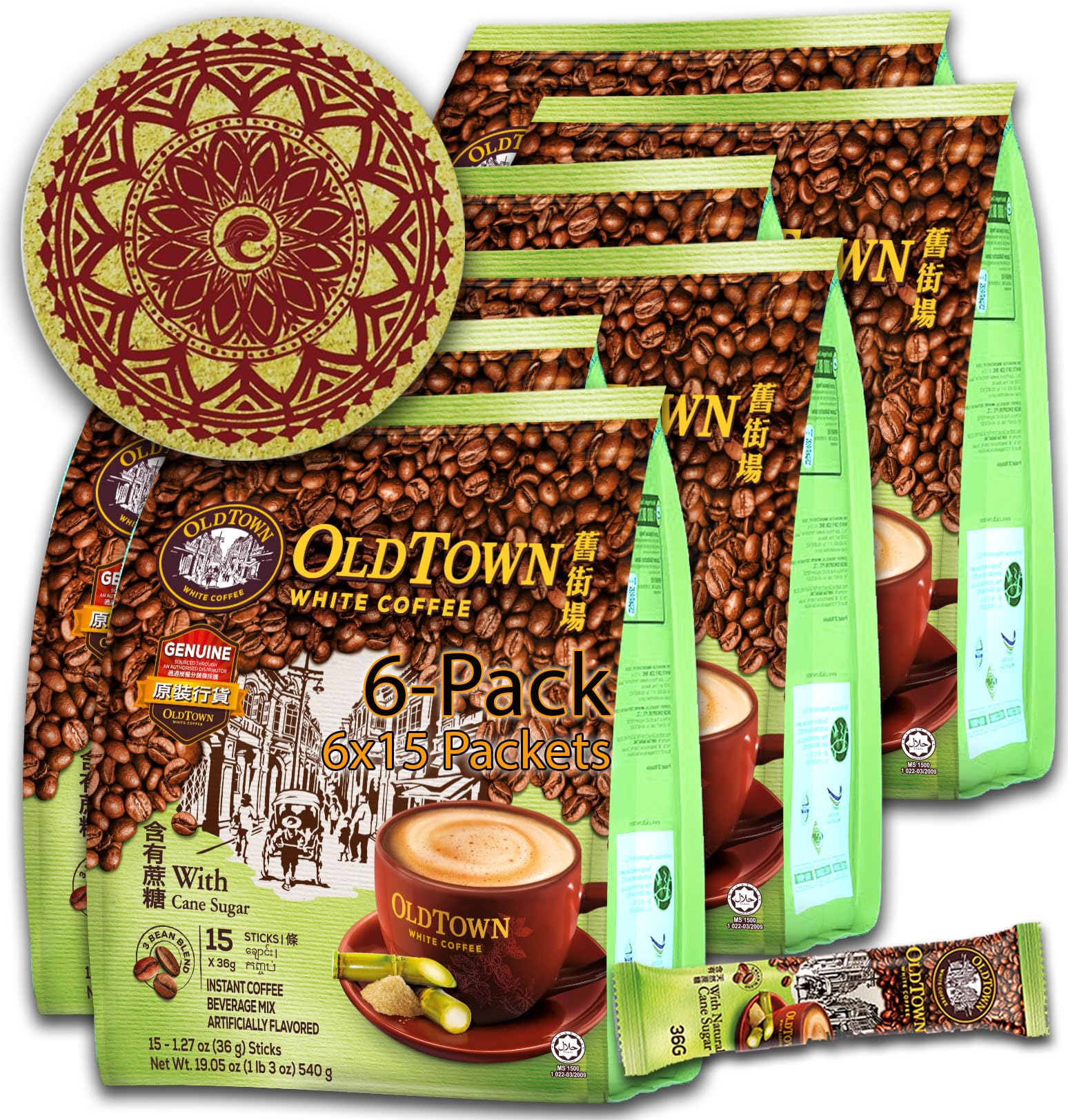 6-Pack (Cane Sugar) OLDTOWN White Coffee 3 in 1 Asian Instant Coffee Package with a Cork Coaster, old town White Coffee 90 Packets with a Random