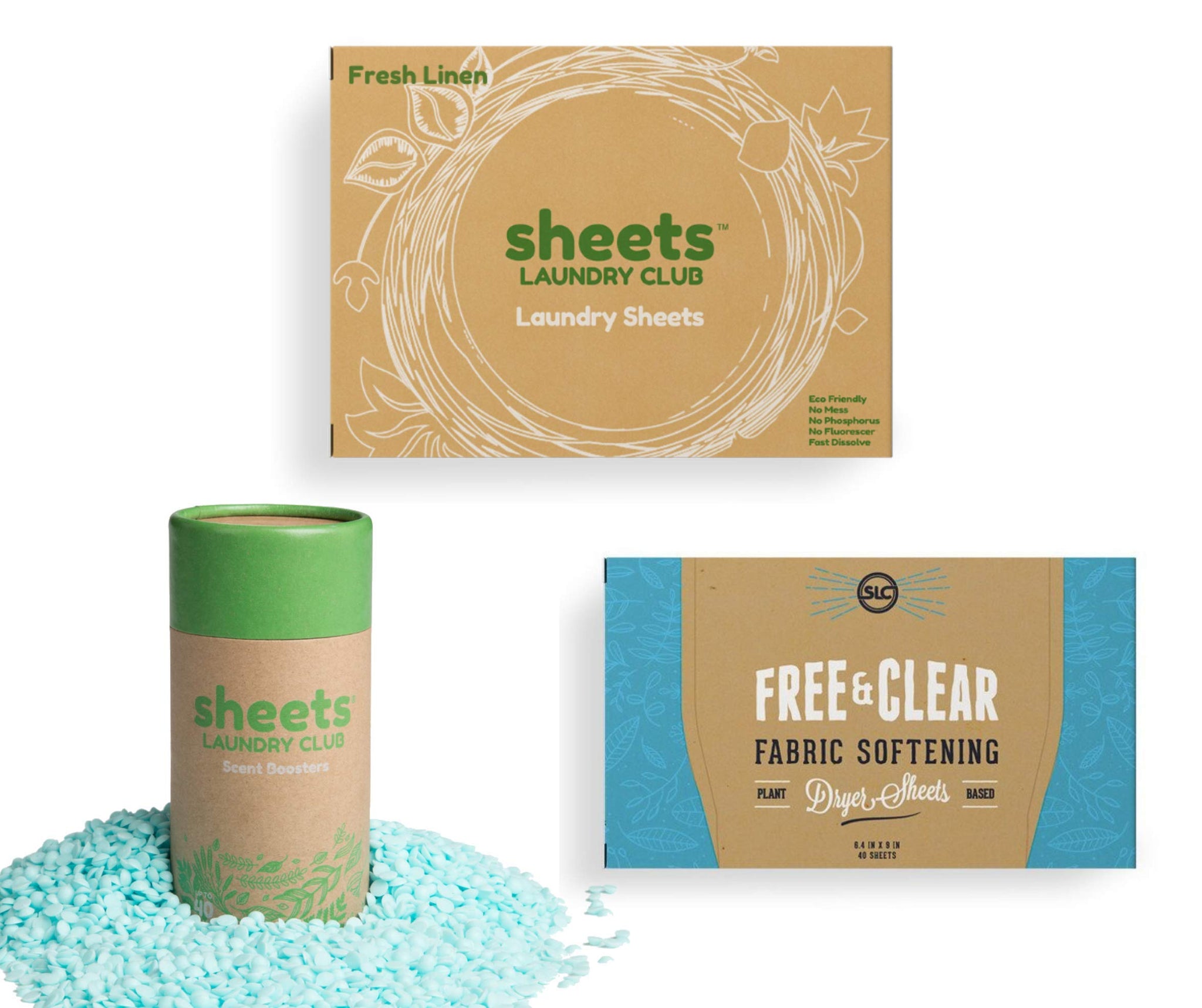 Sheets Laundry Club Bundle - 50 Pack (up to 100 loads) Fresh Linen Detergent Sheets, 40 Pack Vitality Dryer Sheets & 8 Oz. Sea Breeze Scent Booster