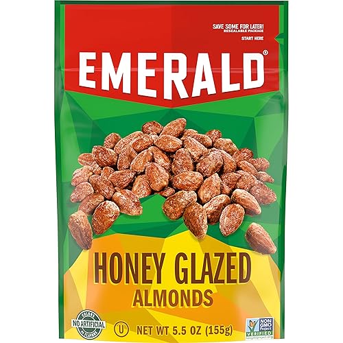 Emerald Nuts Honey Glazed Almonds (1-Pack), 5.5oz Resealable Bag, Kosher Dairy Certified, Non-GMO, Contains No Artificial Preservatives, Flavors or