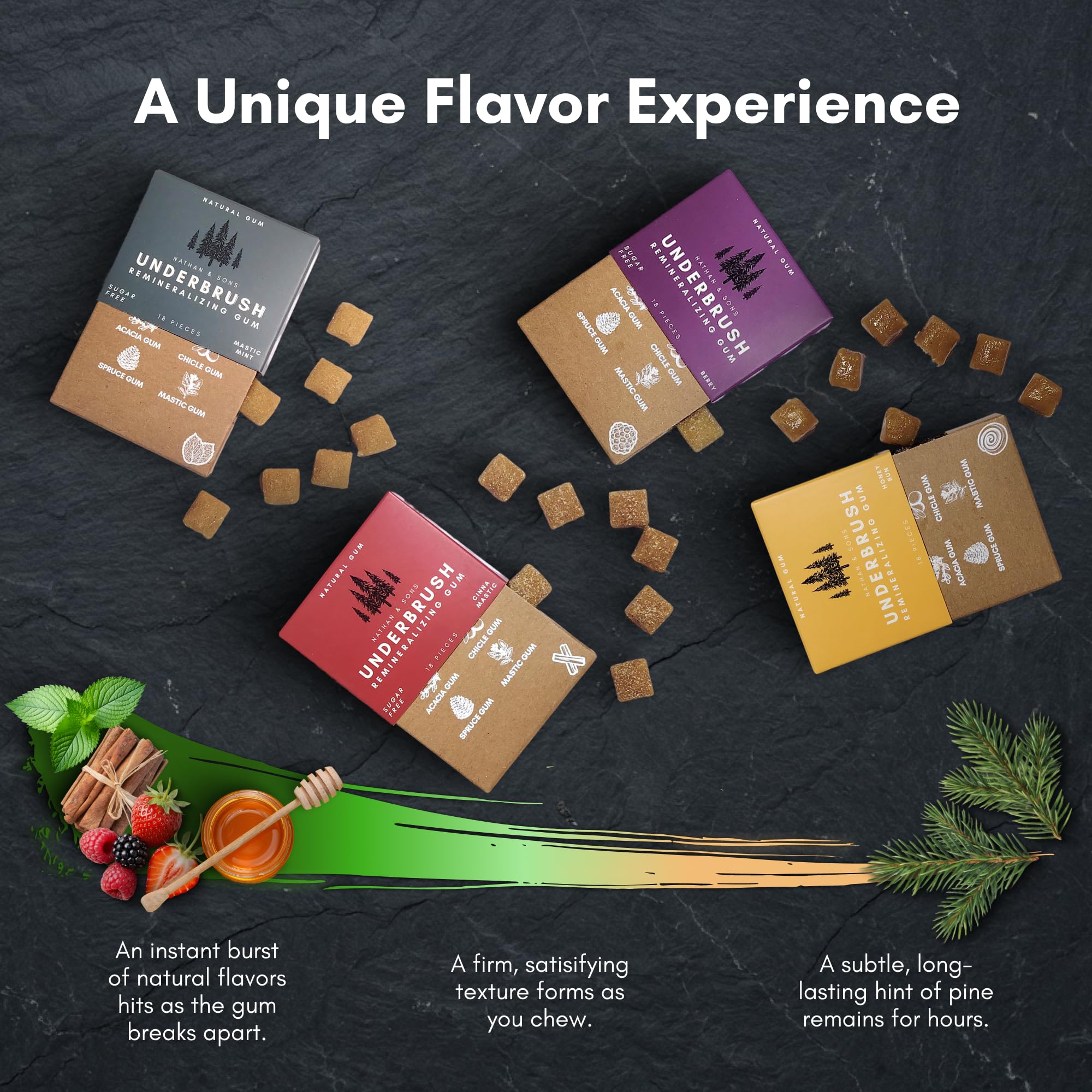 Underbrush Variety Pack Remineralizing Natural Gum, Sugar Free Xylitol Gum with Hydroxyapatite, Supports Fresh Breath and Oral Health, Tree Sap Base