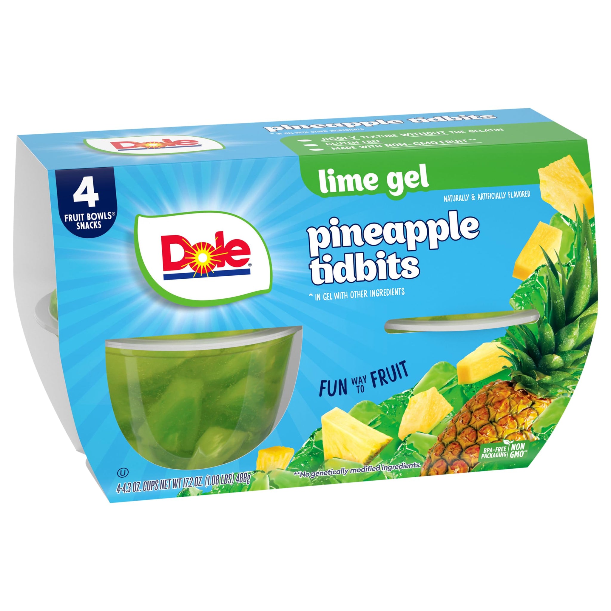 Dole Fruit Bowls Pineapple in Lime Flavored Gel Snacks, 4.3oz 4 Total Cups, Gluten & Dairy Free, Bulk Lunch Snacks for Kids & Adults