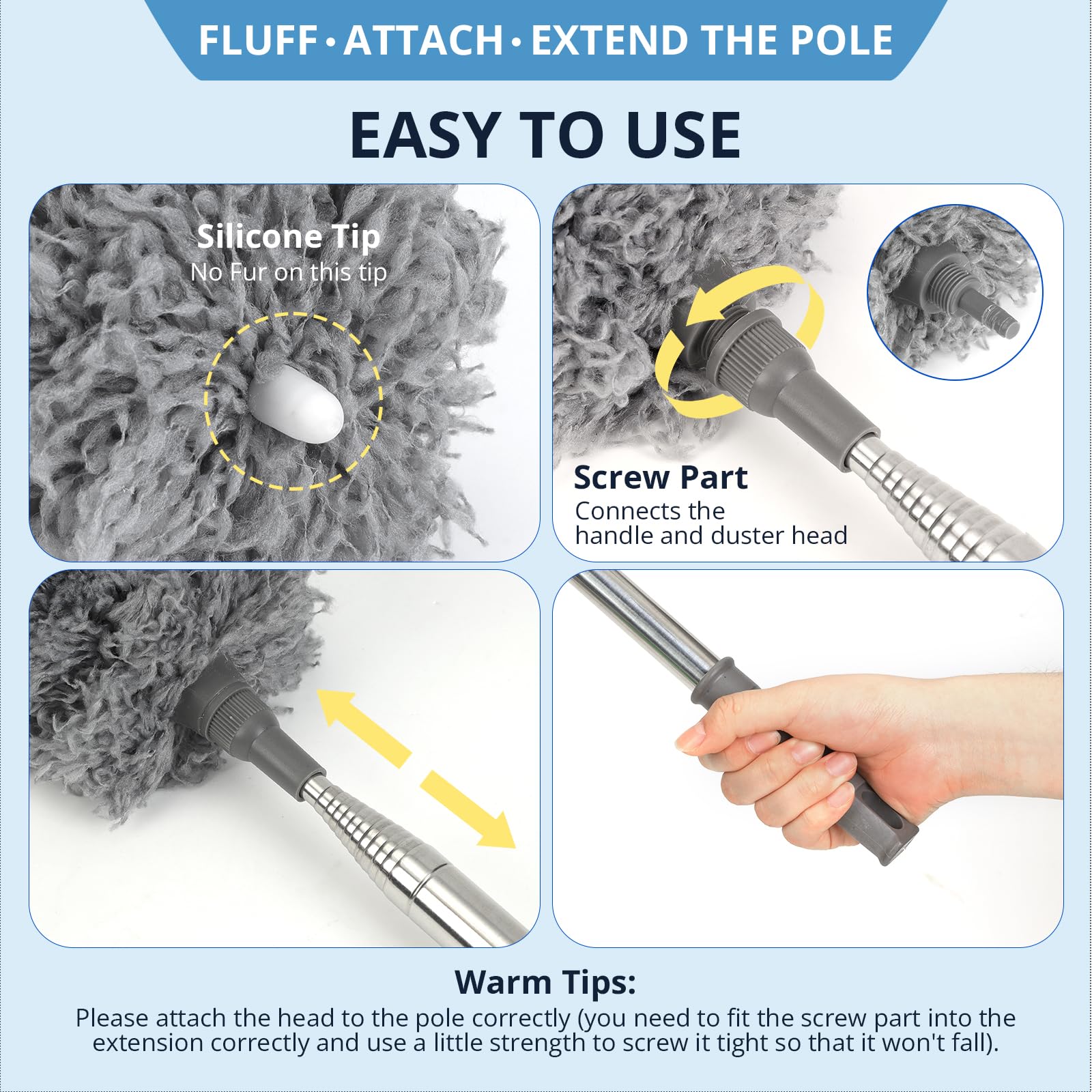 ZZ LAZYCOTTAGE Microfiber Feather Duster for High Reach, Lightweight Ceiling Fan Cleaner, 91.5" Telescopic Pole, Cobweb Duster with Extension Pole