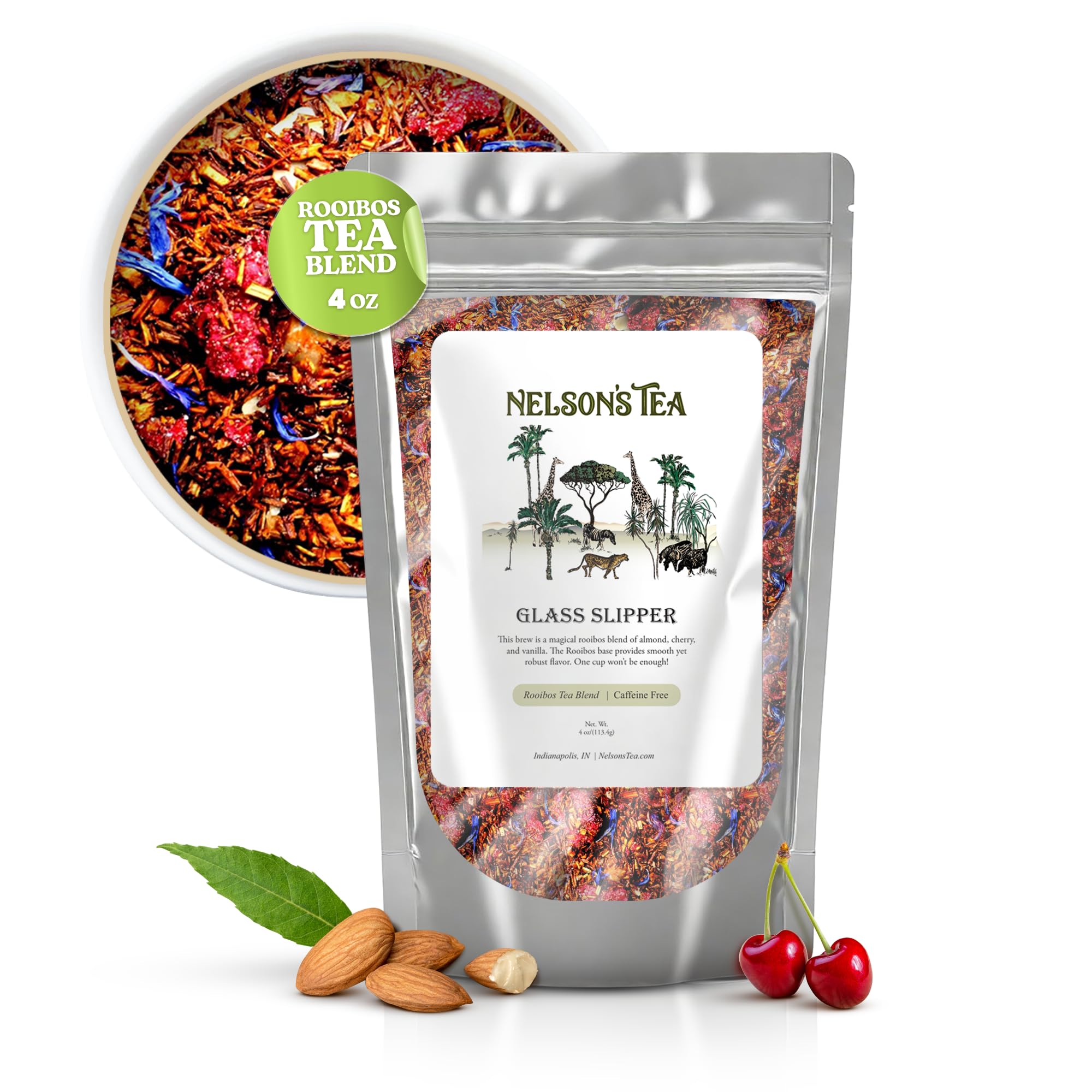 Nelson's Tea Glass Slipper - Caffeine Free Herbal Loose Leaf Tea, Curated Rooibos Blend with Almonds, Dried Cherries, Vanilla and Cornflowers