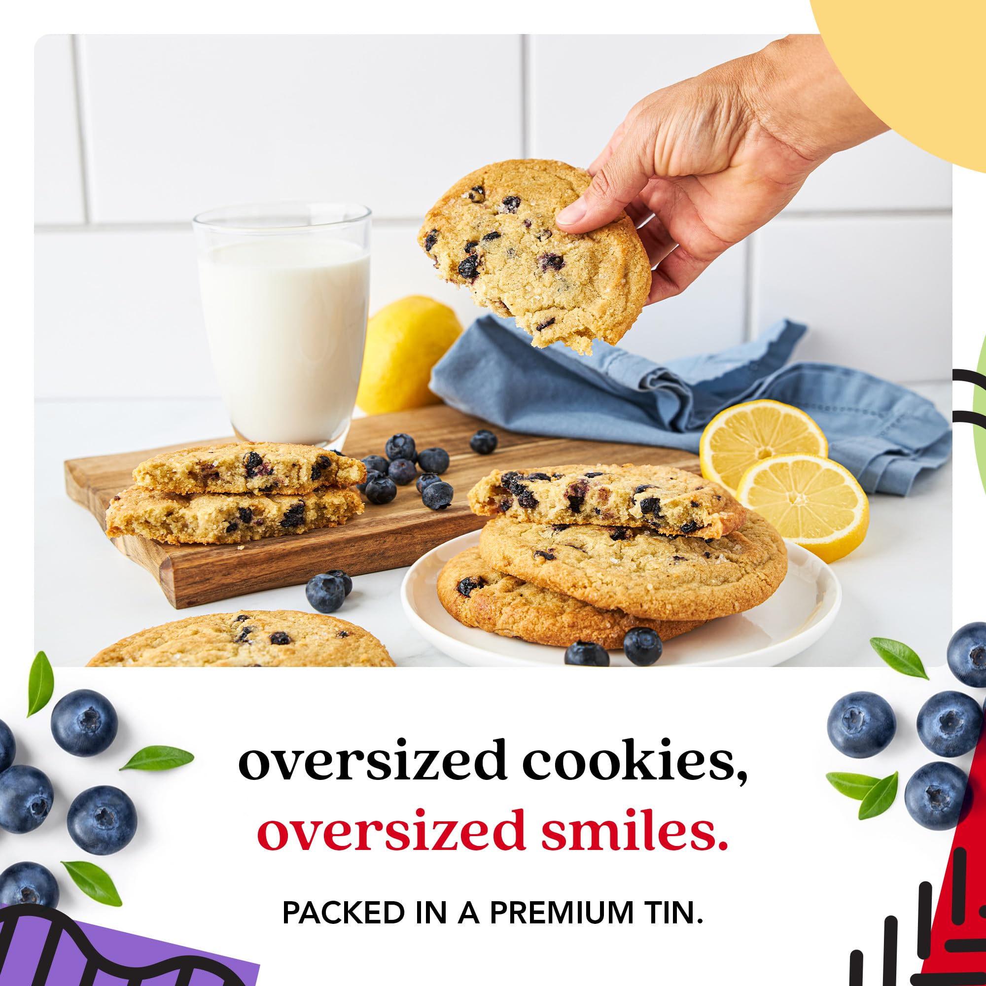 David's Cookies Fresh Baked Decadent Jumbo Lemon Blueberry Gourmet Cookies - 2lb Gift Basket Tin with 8 Large Lemon Blueberry Cookies - Bakery-Style