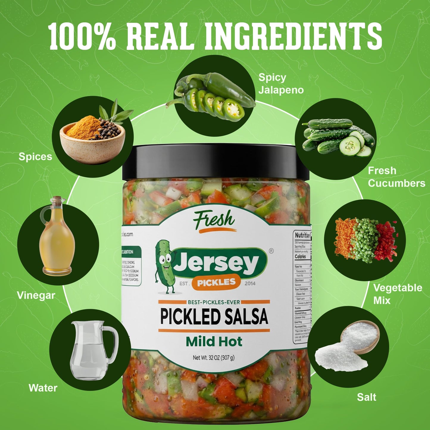 Jersey Pickles - Pickle Salsa - Fresh Cucumber Salsa, Crunchy Vegetable Mix, Vinegar Brined Dip, Ready to Eat Snacks, Quart Jar 32oz (2 Pack, Mild