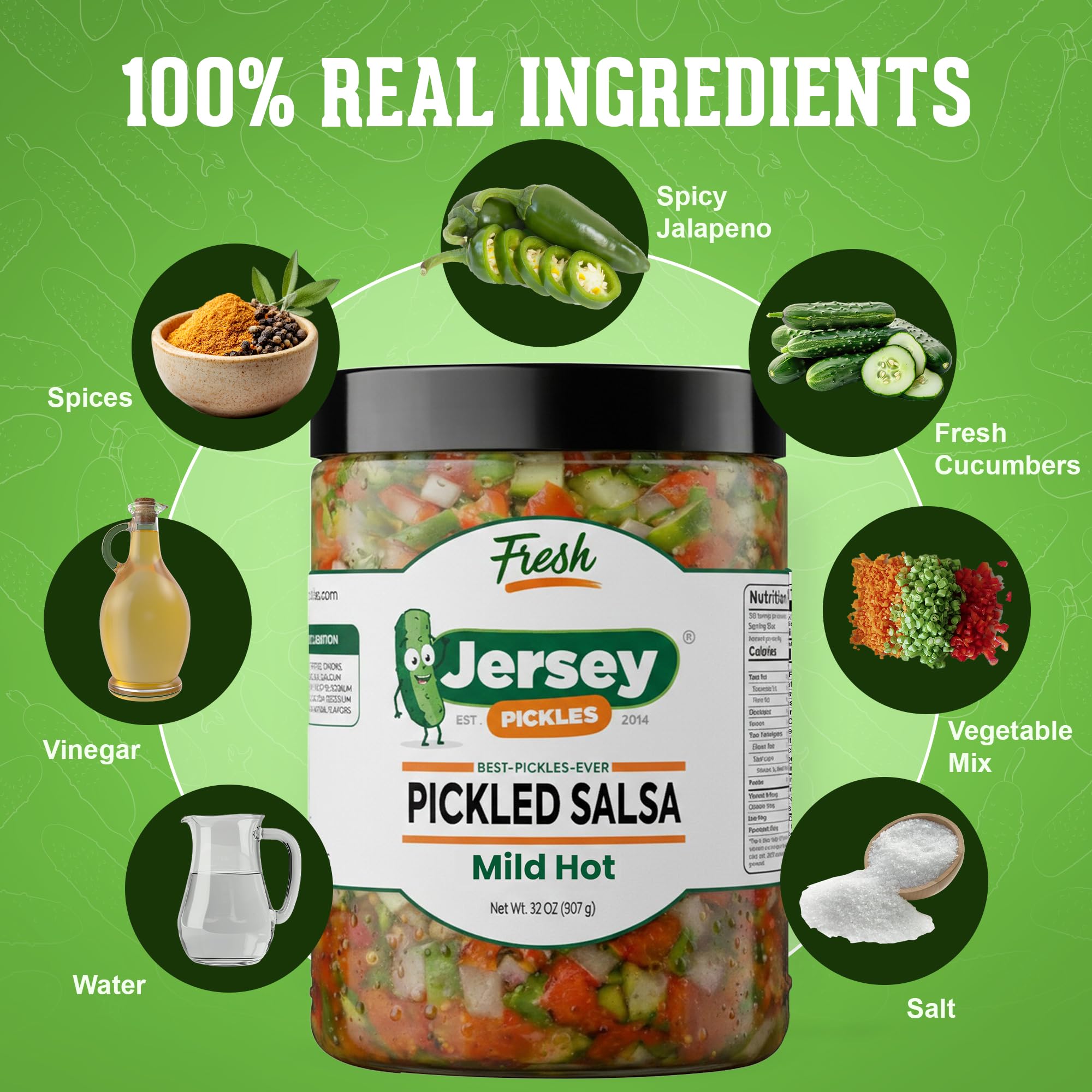 Jersey Pickles - Pickle Salsa - Fresh Cucumber Salsa, Crunchy Vegetable Mix, Vinegar Brined Dip, Ready to Eat Snacks, Quart Jar 32oz (2 Pack, Mild