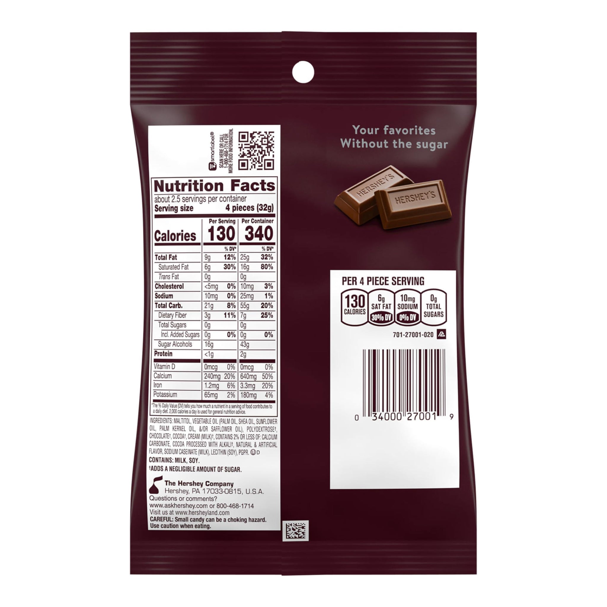 HERSHEY'S Zero Sugar Chocolate Candy Bags, 3 oz (12 Count)