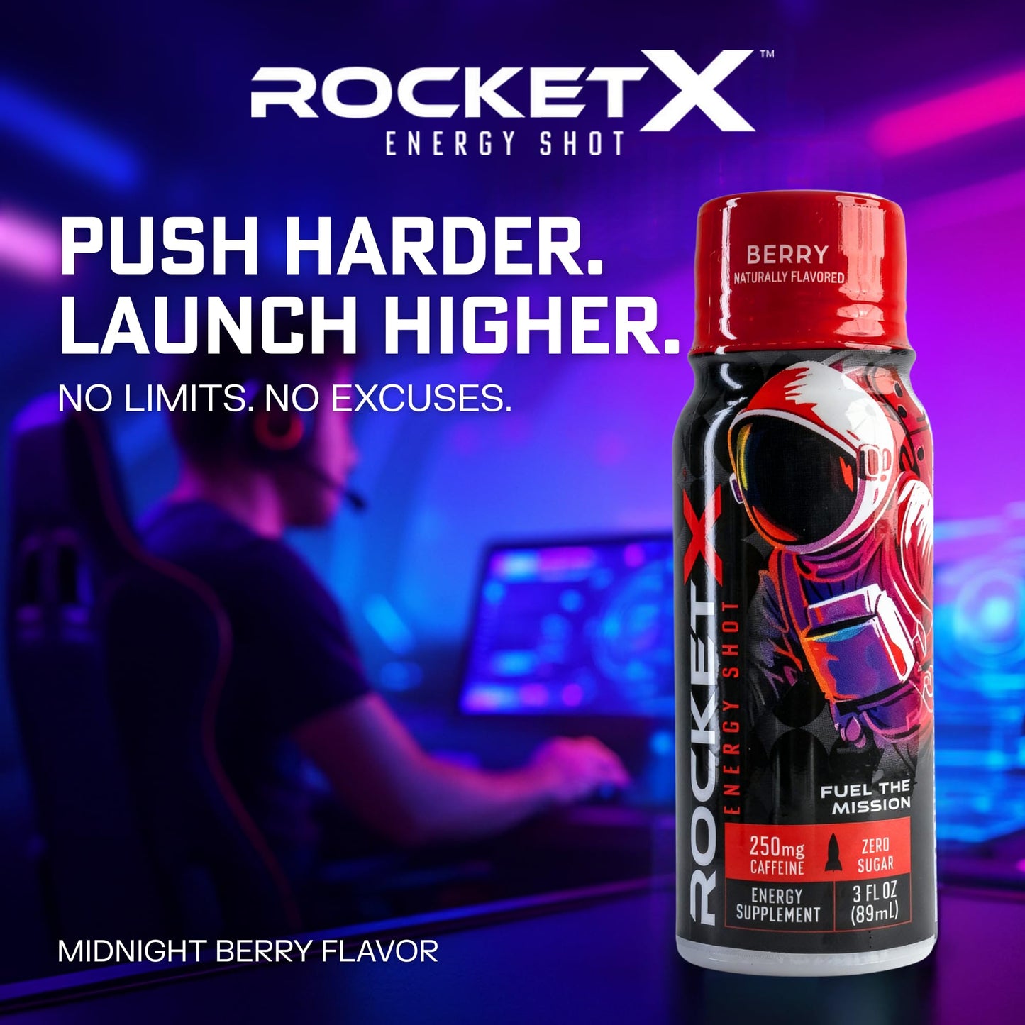 RocketX Energy Shot, Zero Calorie and Zero Sugar Energy Drink, with Natural Caffeine and B-Vitamins, Midnight Berry Flavor, 3 fl oz, Pack of 12