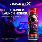 RocketX Energy Shot, Zero Calorie and Zero Sugar Energy Drink, with Natural Caffeine and B-Vitamins, Midnight Berry Flavor, 3 fl oz, Pack of 12
