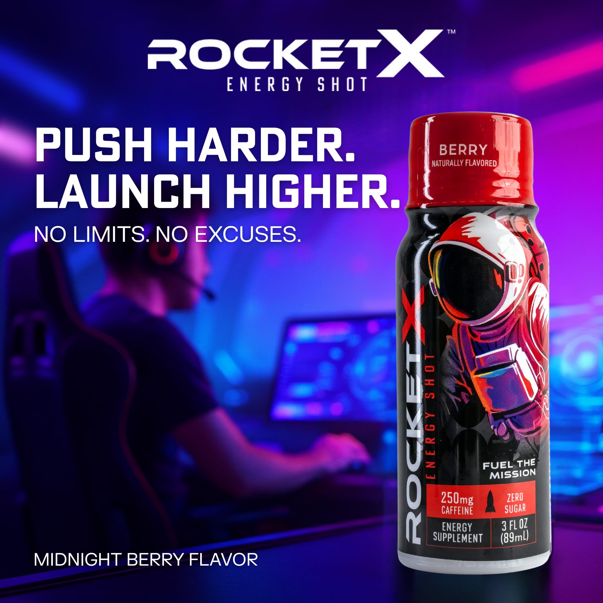 RocketX Energy Shot, Zero Calorie and Zero Sugar Energy Drink, with Natural Caffeine and B-Vitamins, Midnight Berry Flavor, 3 fl oz, Pack of 12