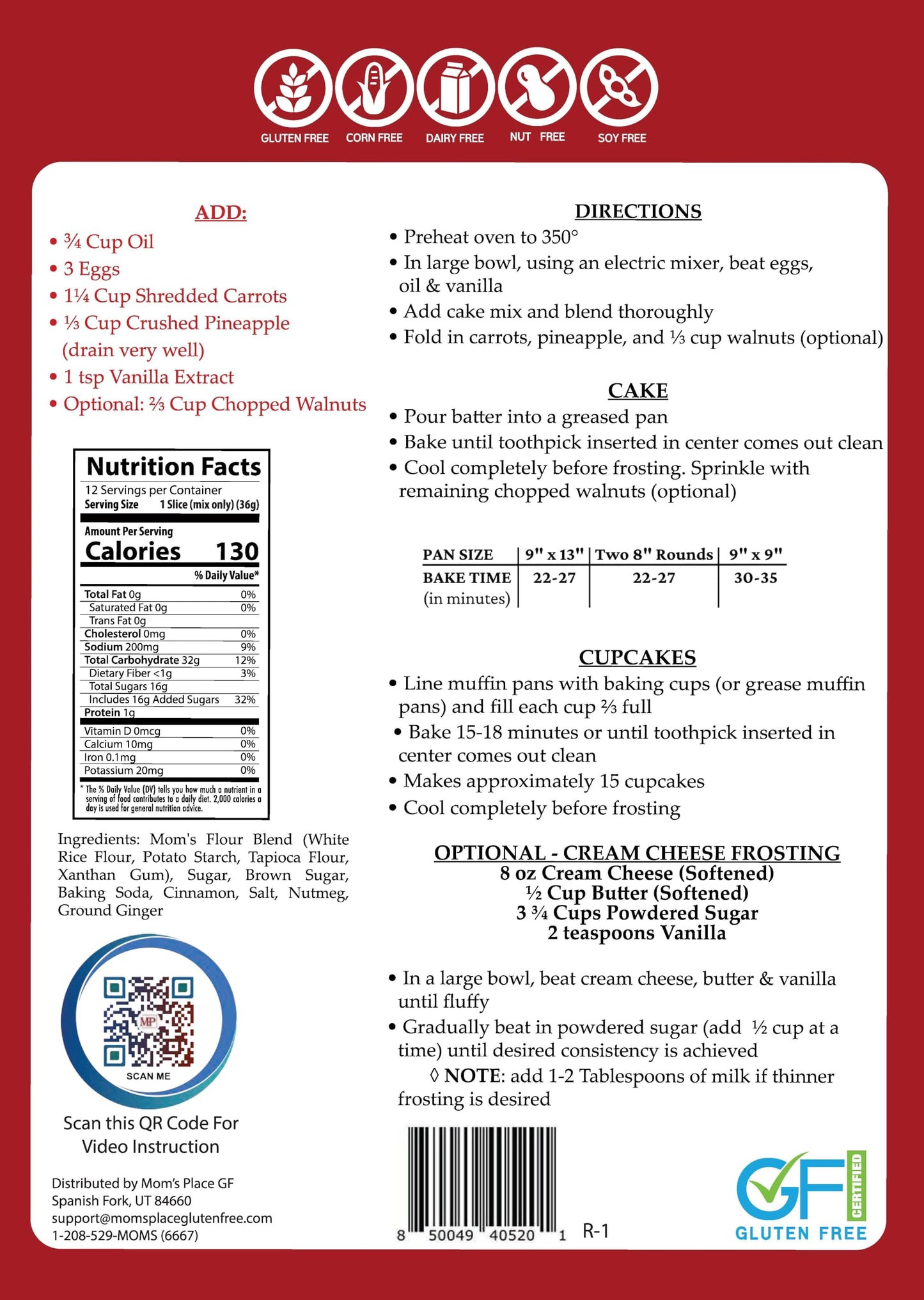 Mom's Place Gluten-Free Carrot Cake Mix - Moist, Spiced, and Dairy-Free - Allergen-Friendly, Non-GMO, Easy to Prepare 15.3 Oz