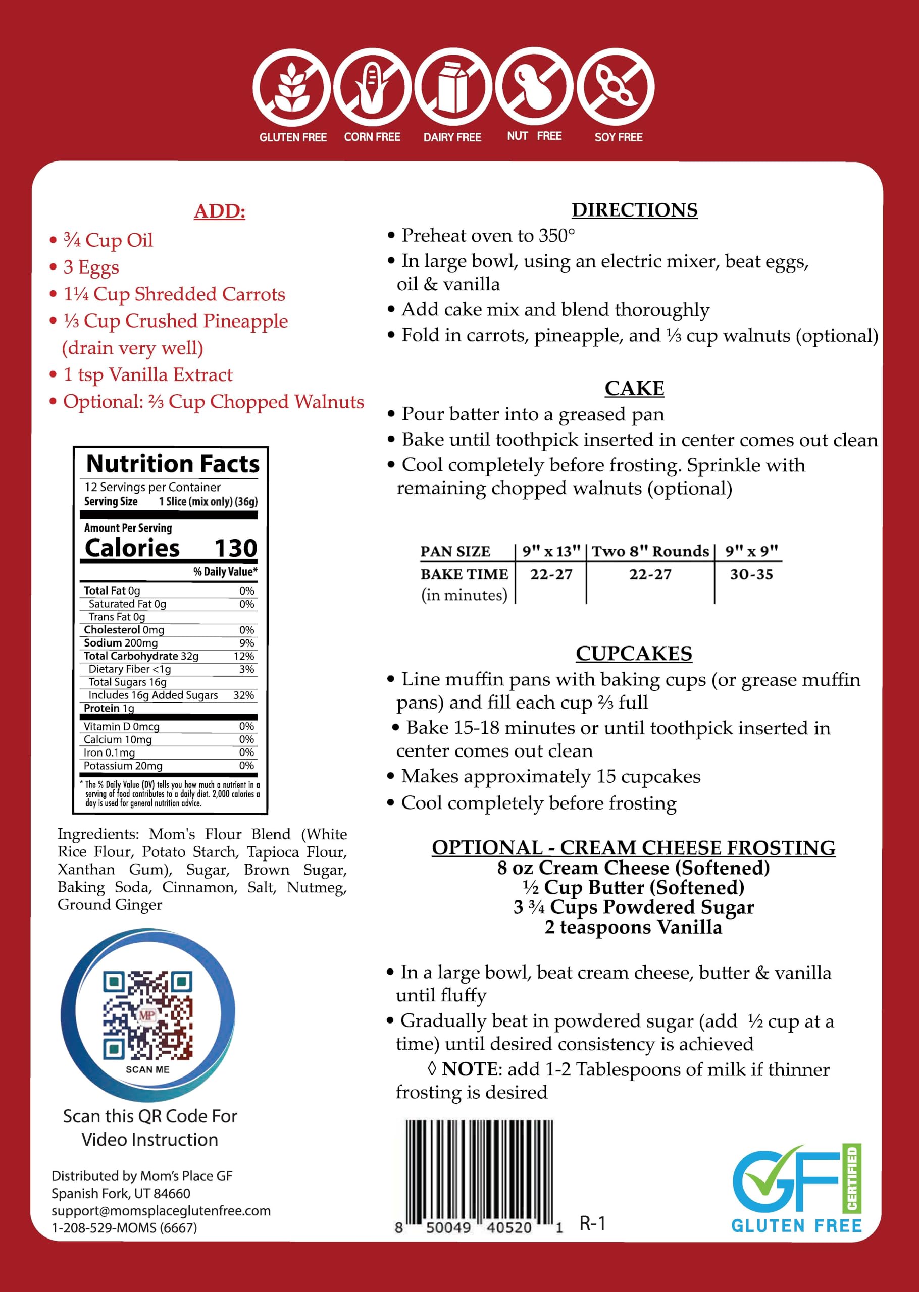 Mom's Place Gluten-Free Carrot Cake Mix - Moist, Spiced, and Dairy-Free - Allergen-Friendly, Non-GMO, Easy to Prepare 15.3 Oz