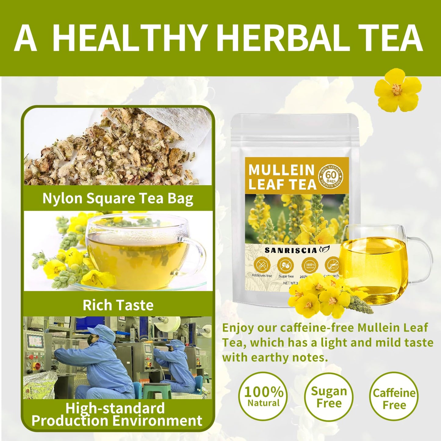 60 Handmade Mullein Tea Bags,100% Pure and Natural Mullein Leaf Tea, No Sugar/Caffeine/Additives, Support Lung Health & Respiratory Wellness