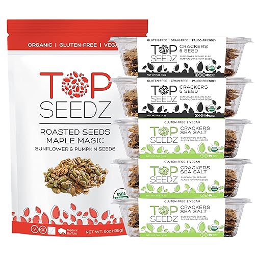 Top Seedz Deluxe Organic Gluten Free Vegan Crackers and Roasted Seeds Bundle | 1 Pouch of Maple Magic Roasted Seeds | 3 Packs of Sea Salt Crackers | 2