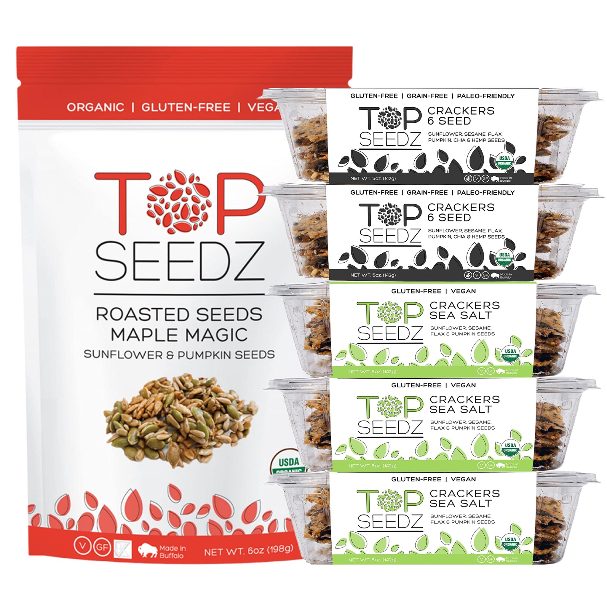 Top Seedz Deluxe Organic Gluten Free Vegan Crackers and Roasted Seeds Bundle | 1 Pouch of Maple Magic Roasted Seeds | 3 Packs of Sea Salt Crackers | 2