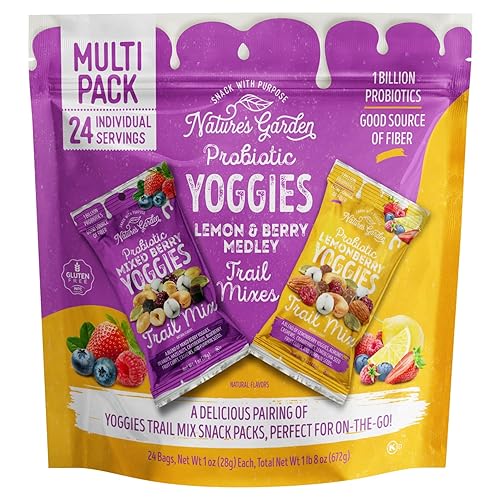 Nature's Garden Probiotic Yoggies Trail Mix Multipack, 24oz (Lemonberry 12x1oz + Mixed Berry 12x1oz) - Yogurt Covered Fruit & Nut Snack for Adults
