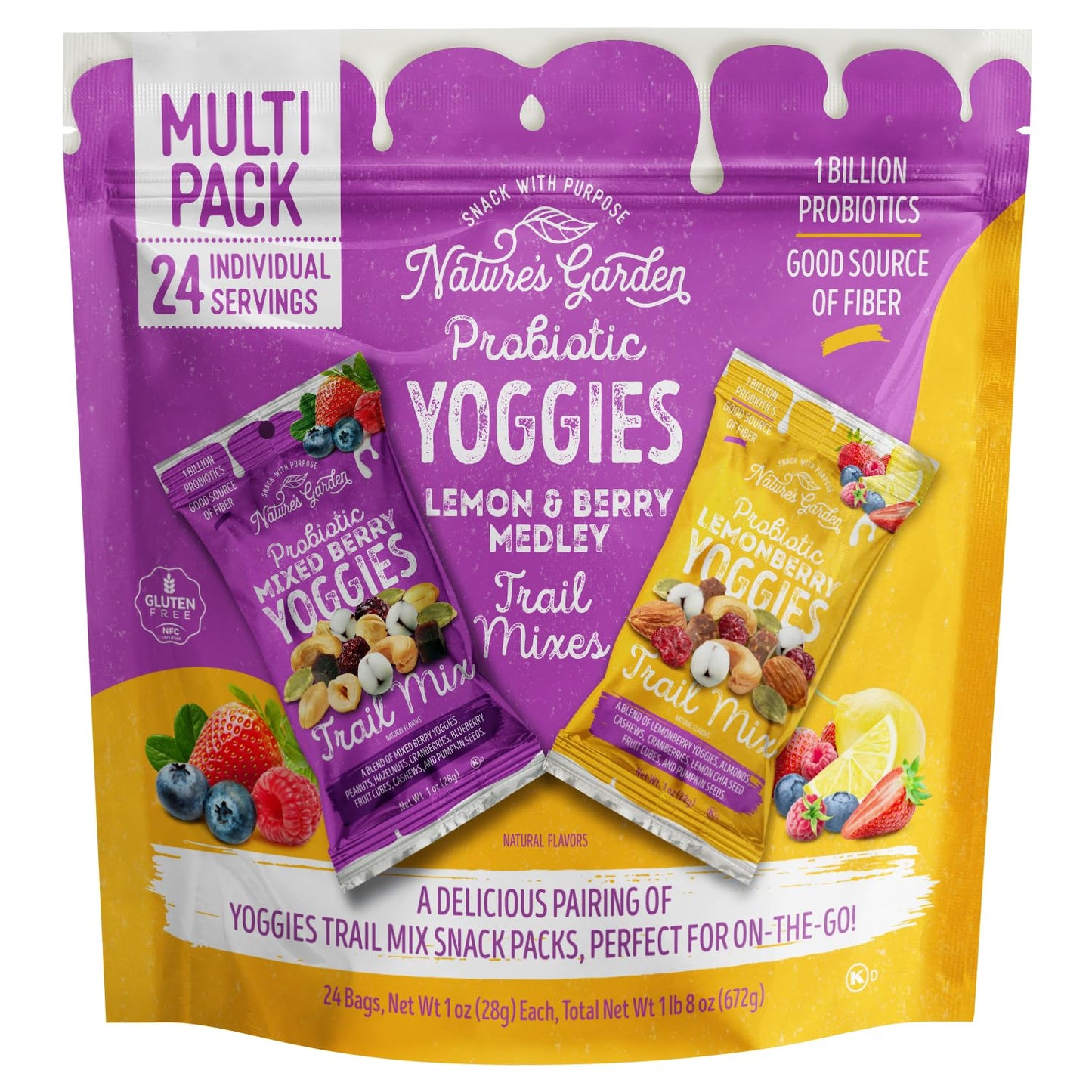 Nature's Garden Probiotic Yoggies Trail Mix Multipack, 24oz (Lemonberry 12x1oz + Mixed Berry 12x1oz) - Yogurt Covered Fruit & Nut Snack for Adults