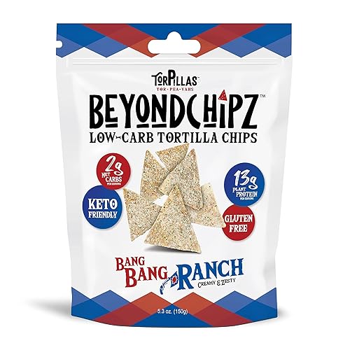 BeyondChipz Low Carb Tortilla Chips, Bang Bang Ranch, Keto Friendly, Gluten Free, 5.3oz Bag, Pack of 4