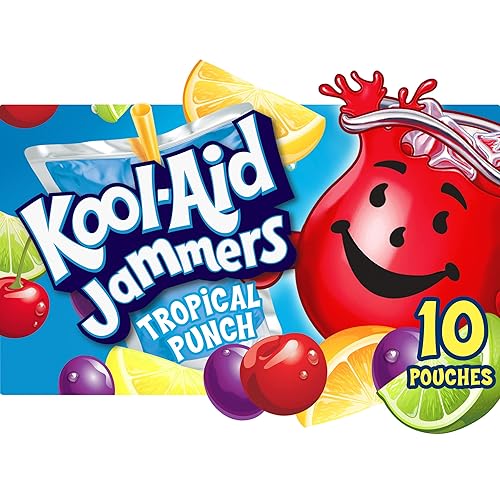 Kool-Aid Jammers Artificially Flavored Drink, 10 Pouches, for School Lunches and On-the-Go Hydration, Tropical Punch Artificially Flavored, Excellent
