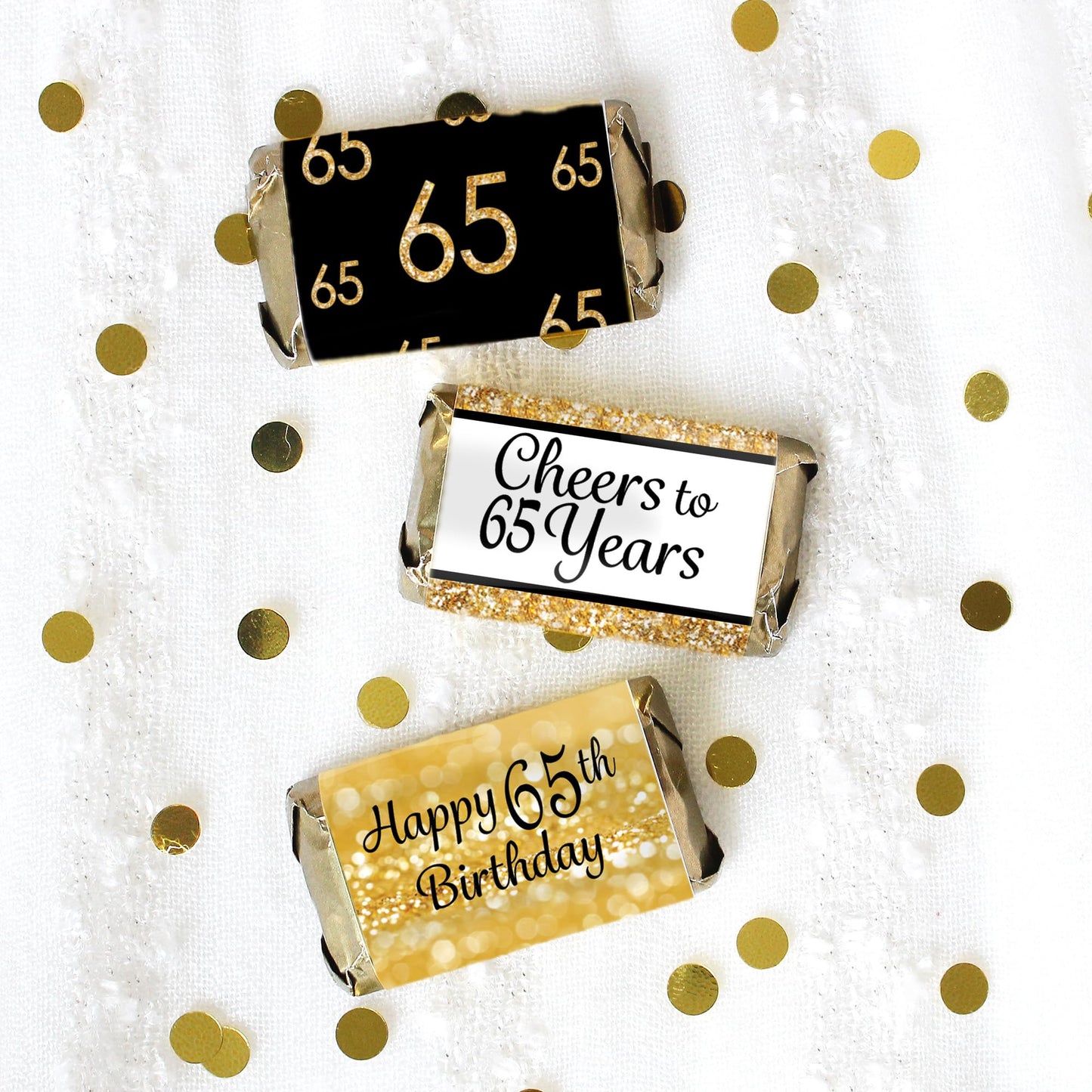 Black and Gold 65th Birthday Party Mini Candy Bar Wrappers - 42 Stickers