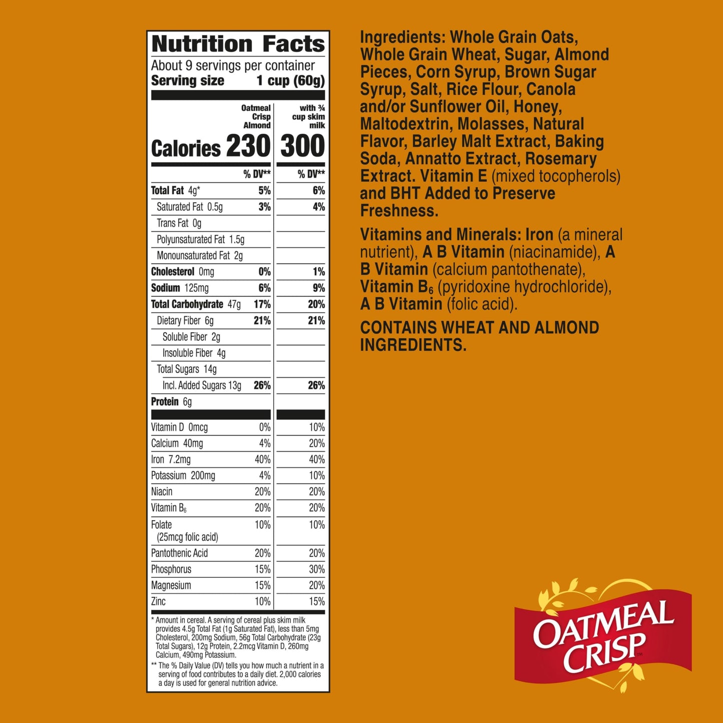 Oatmeal Crisp Heart Healthy Cereal, High Fiber Cereal Made with Whole Grain, 19.7 oz