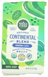 Whole Foods Market, Organic Continental Blend Ground Coffee, Medium-Light Roast, Complex & Heavy, Fruit-Tinged, 12 Ounce