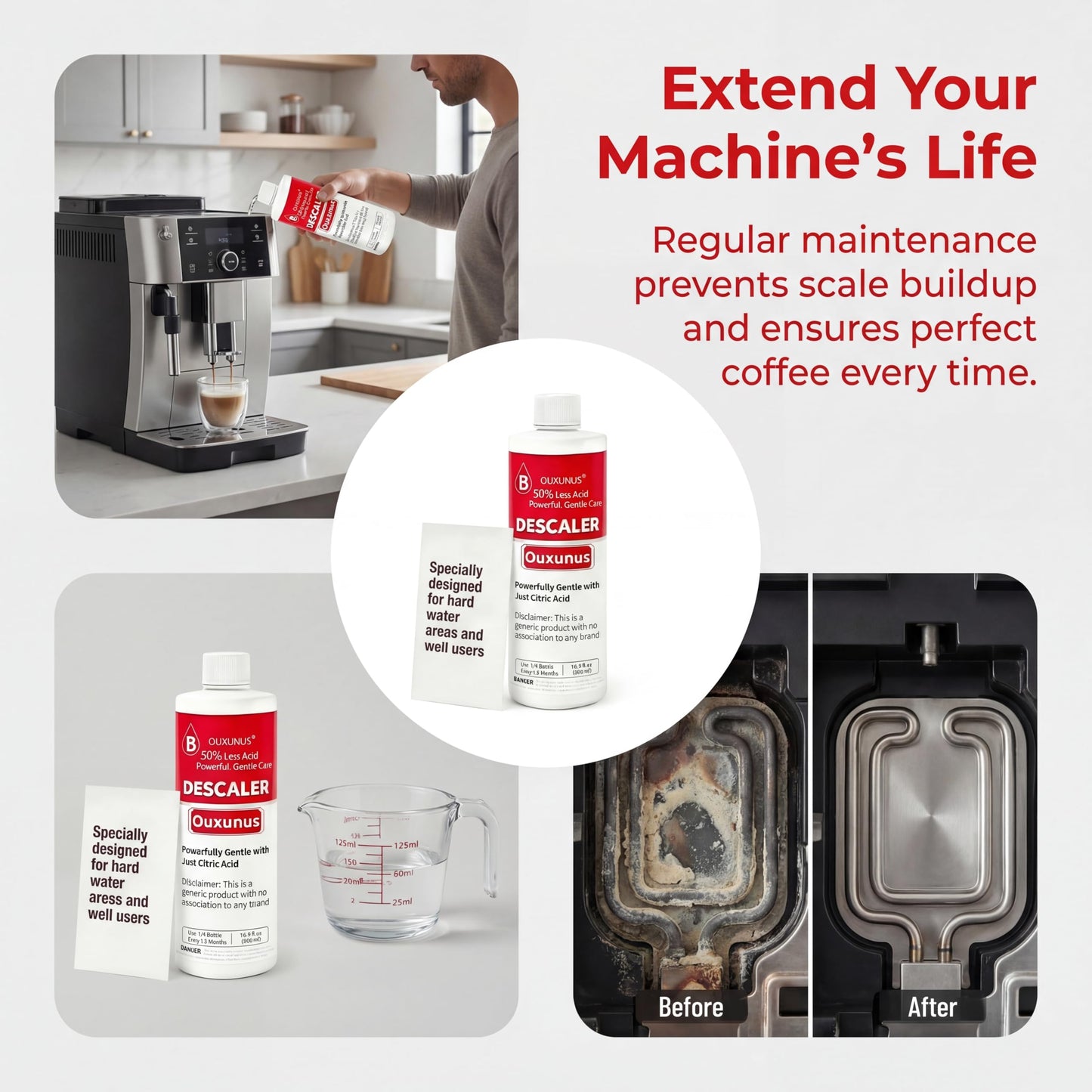 Ouxunus Gentle Descaling Solution Compatible with Breville Descaling solution & Coffee Machines, 16.9 fl Oz Professional Formula for Hard Water & Well