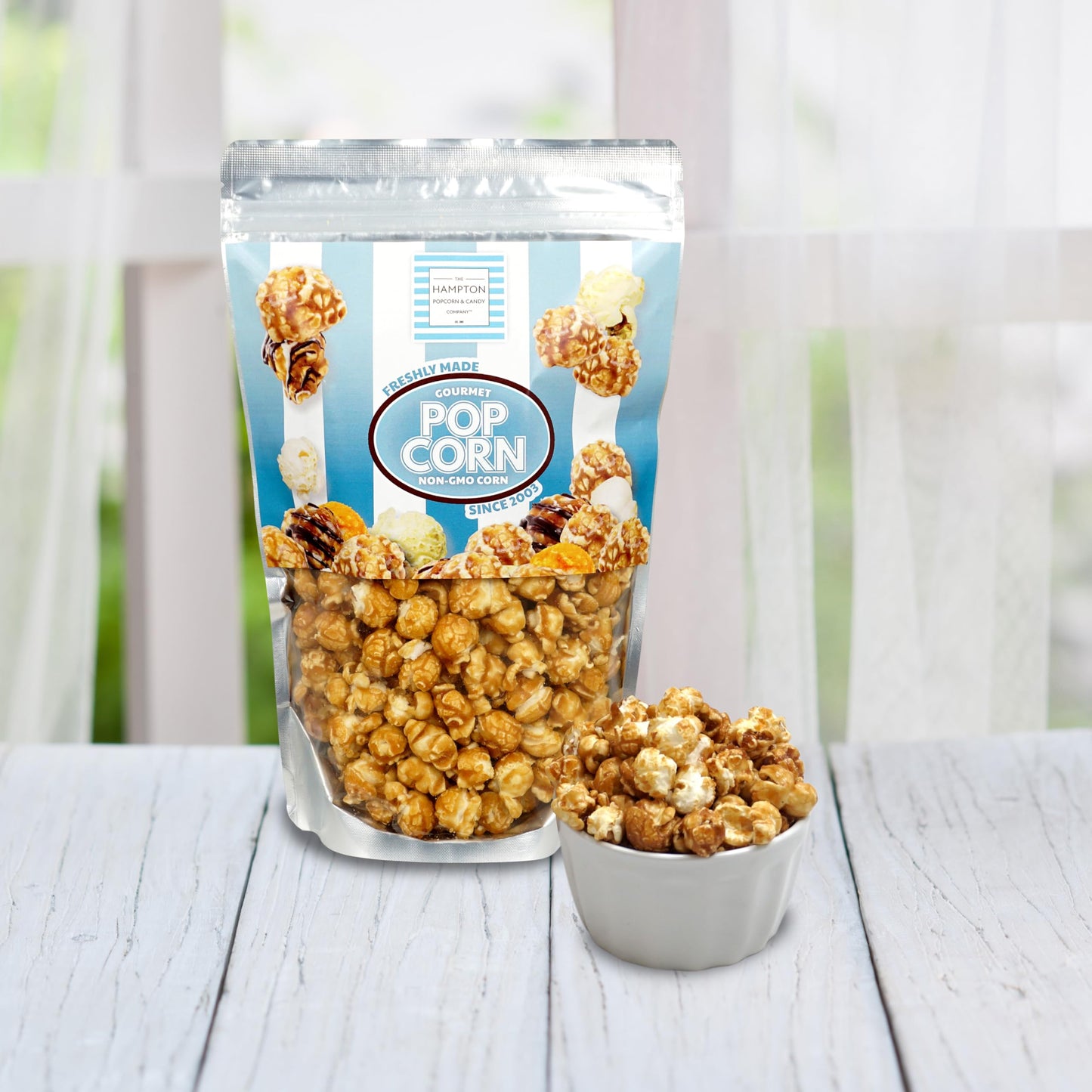 The Hampton Popcorn Company Caramel Popcorn Resealable Zip Bag, 9.5 Ounce, Caramel Corn, Fresh Gourmet Popcorn