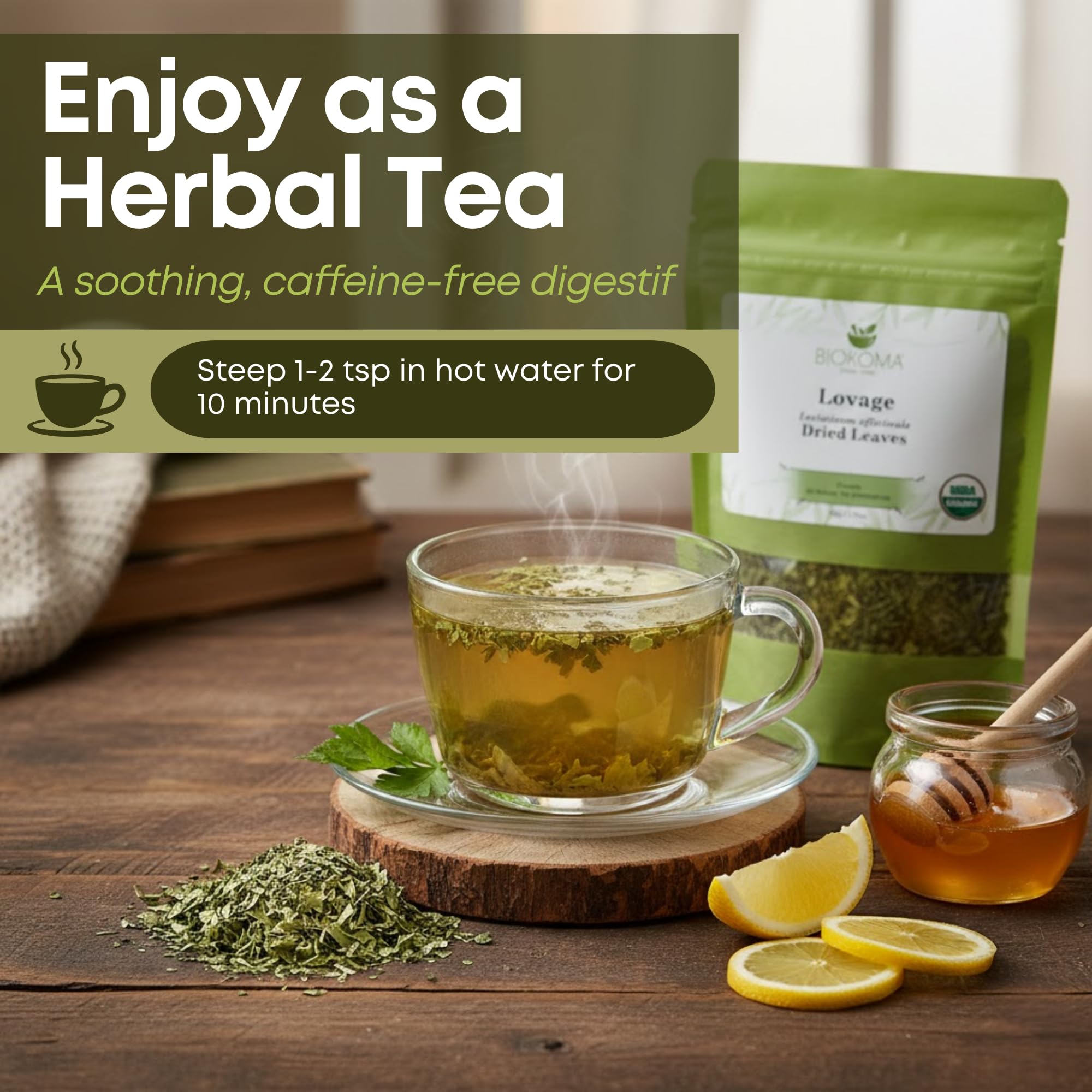 Biokoma Organic Lovage Dried Leaves 50g 1.76oz Pure Cut Herb Levisticum officinale USDA Organic Herbal Tea Digestion & Urinary Health Resealable