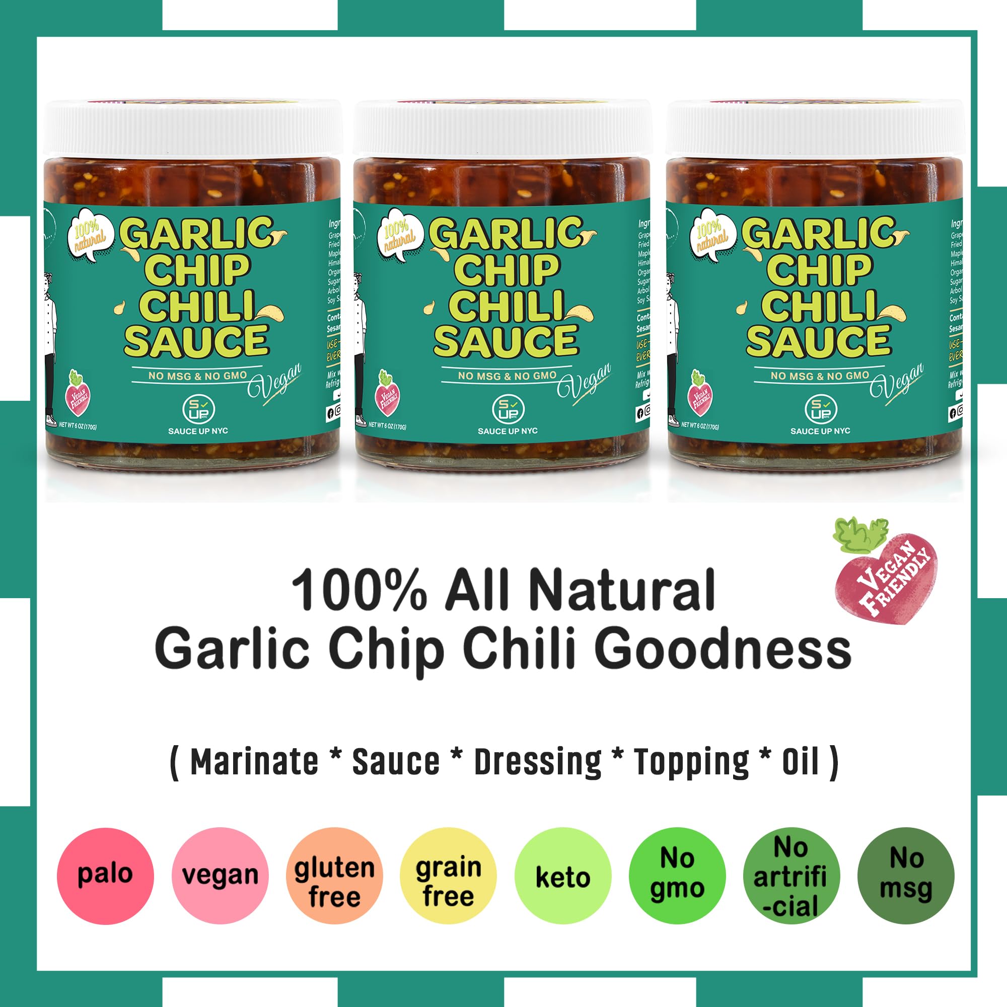 SAUCE UP Vegan Garlic Chip Chili Sauce - Super Crunchy Artisanal Topping & Condiment | Chef-Curated in NY with Fried Garlic Chips, Shallots & Peanuts