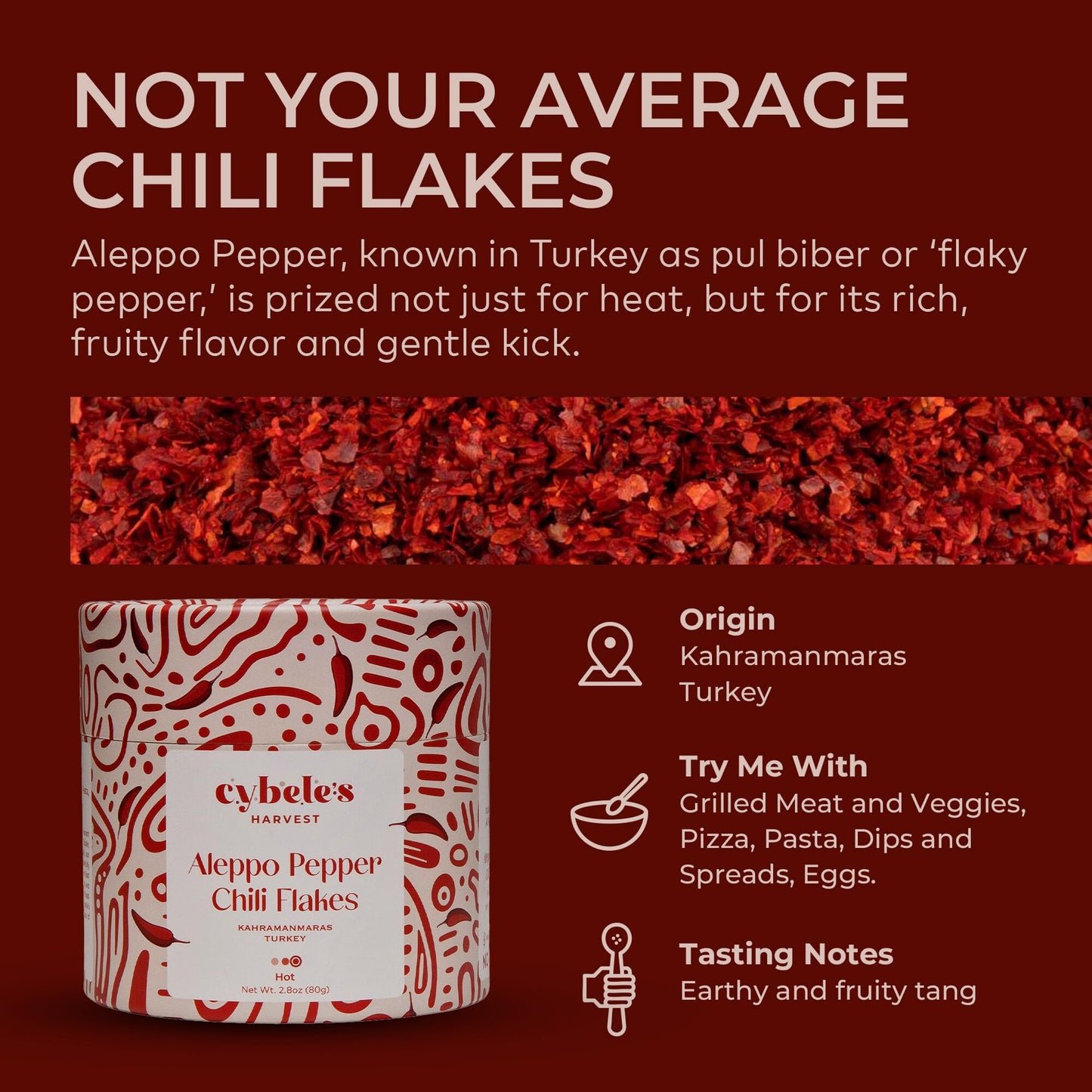 Cybele’s Harvest Aleppo Pepper Flakes 2.8oz, Turkish Red Chili Flakes, Crushed Red Pepper (Pul Biber) (Medium Heat)