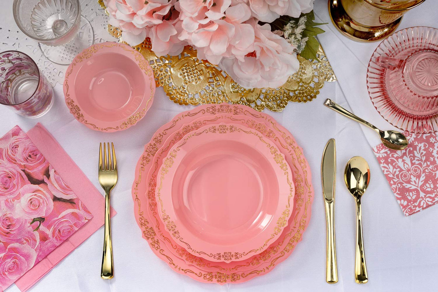 Exquisite 60 Pcs Disposable Plastic Plates | Victorian Design Premium Disposable Plates | 9 inch. Pink & Gold China Like Plastic Plates For Parties