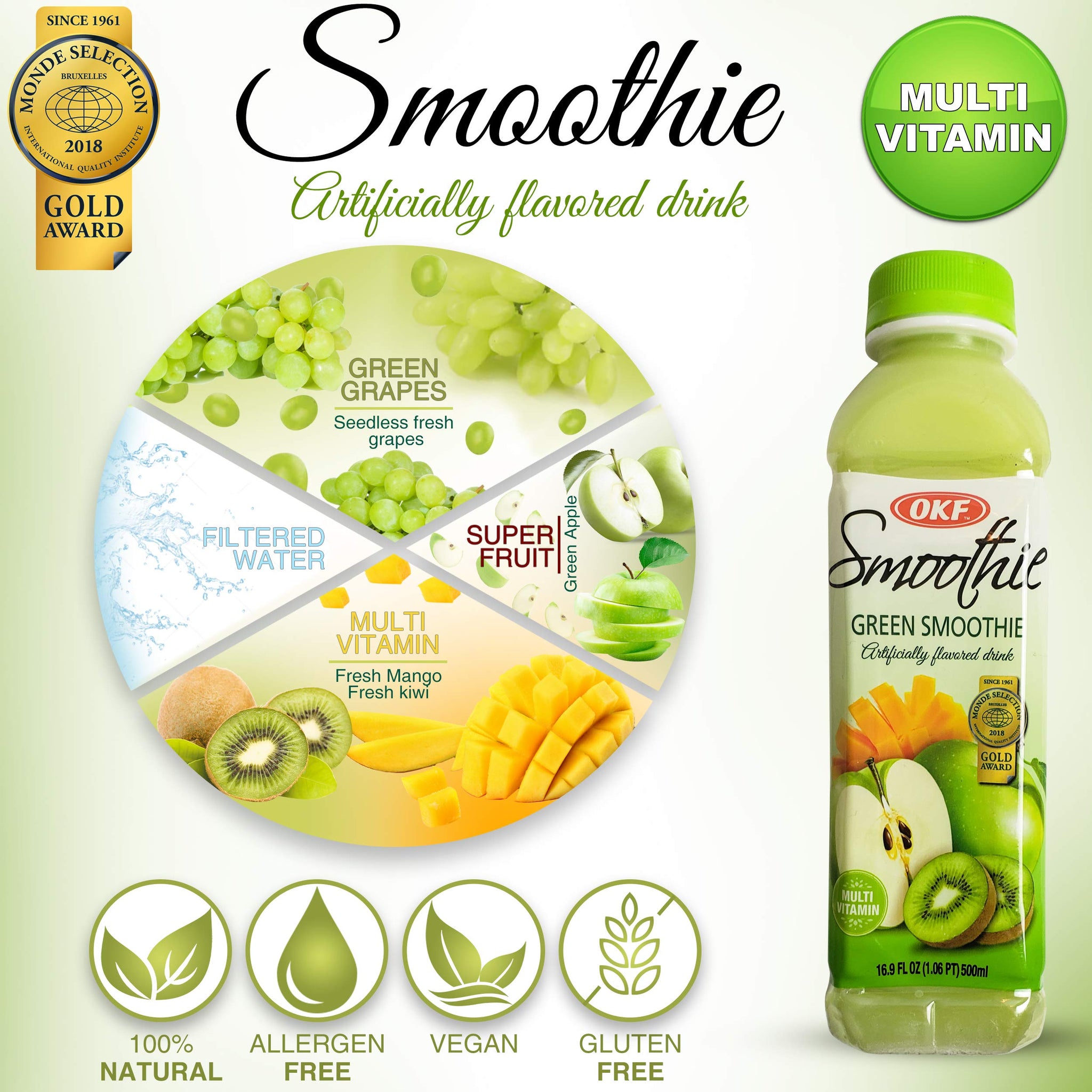 OKF Smoothie, Multi Vitamin Premium New Drink, 16.9 Fluid Ounce (Green Smoothie, 12 Pack)