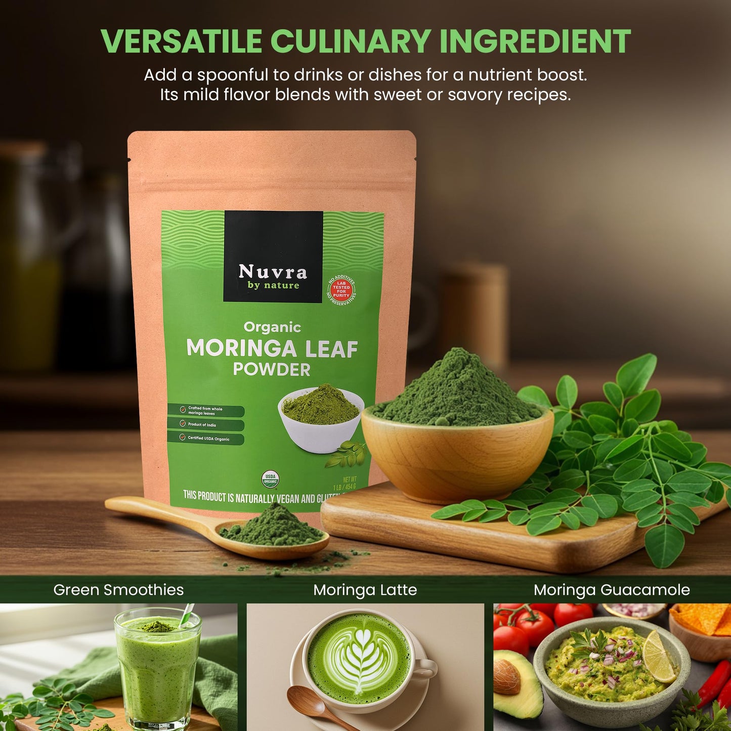Nuvra by Nature Organic Moringa Leaf Powder - 1 lb | 100% Pure & Natural, Premium Quality Superfood for Smoothies, Tea & Lattes | Certified USDA