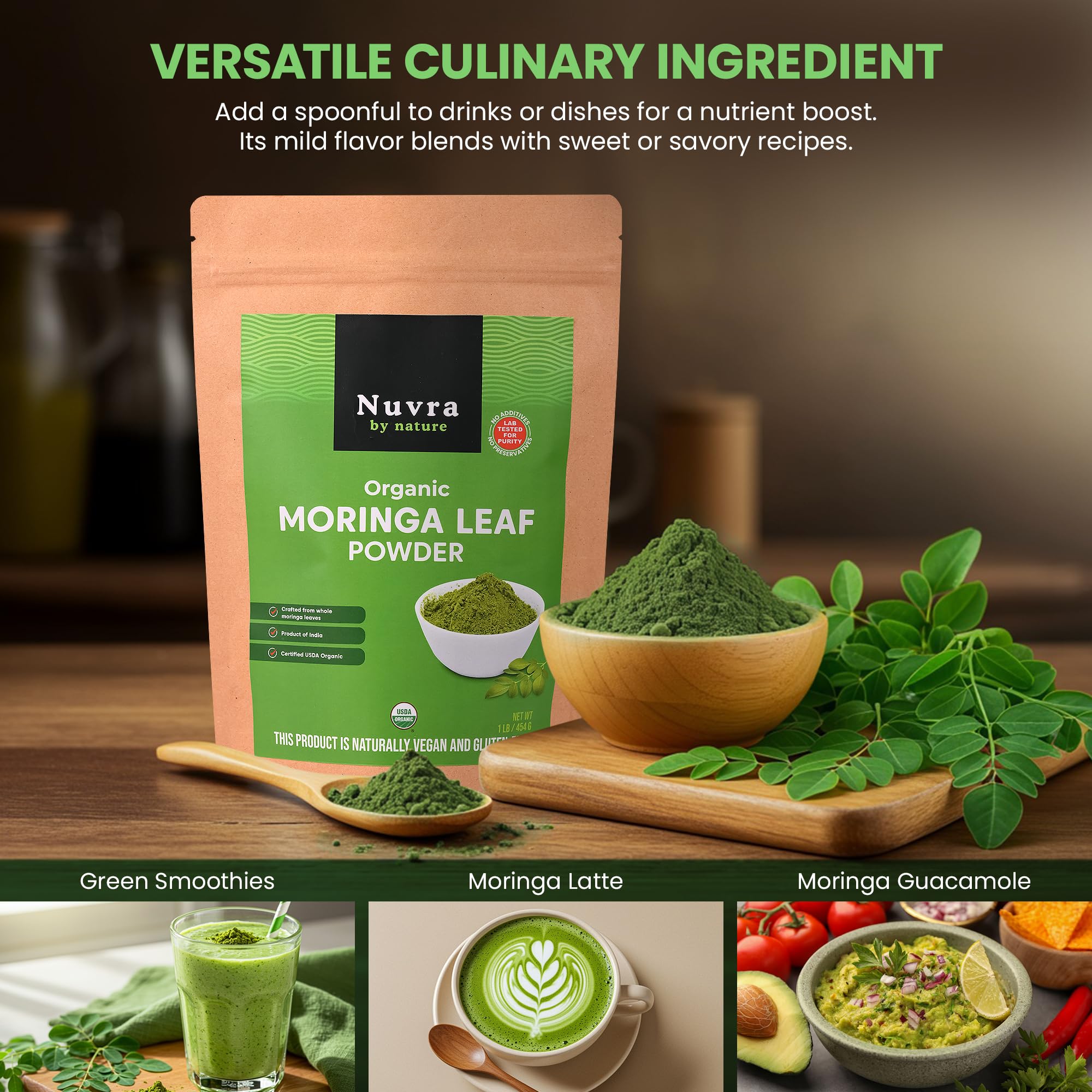 Nuvra by Nature Organic Moringa Leaf Powder - 1 lb | 100% Pure & Natural, Premium Quality Superfood for Smoothies, Tea & Lattes | Certified USDA