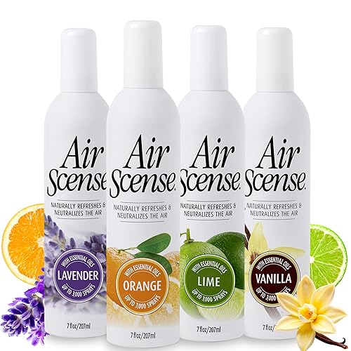 Air Scense Air Freshener Deodorizer Room Spray for Bathroom & Home, Essential Oils, Natural Variety (Orange, Lavender, Lime & Vanilla)- 7 fl oz