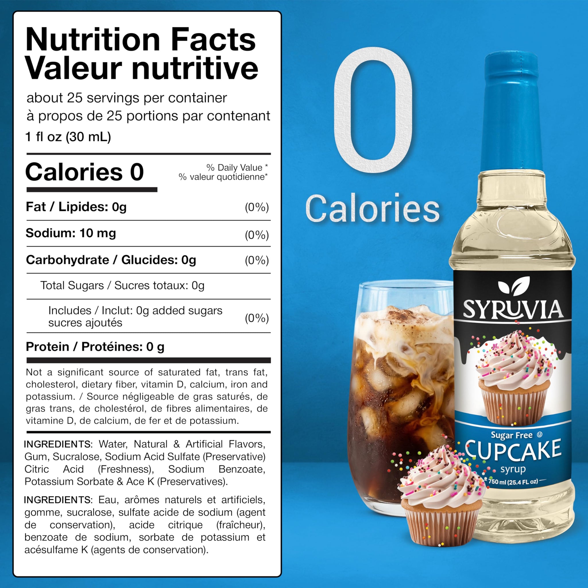 Syruvia Sugar Free Coffee Syrup, Cupcake Flavored Syrup for Drinks, Lattes, and Desserts - 25.4 fl oz, With Pump